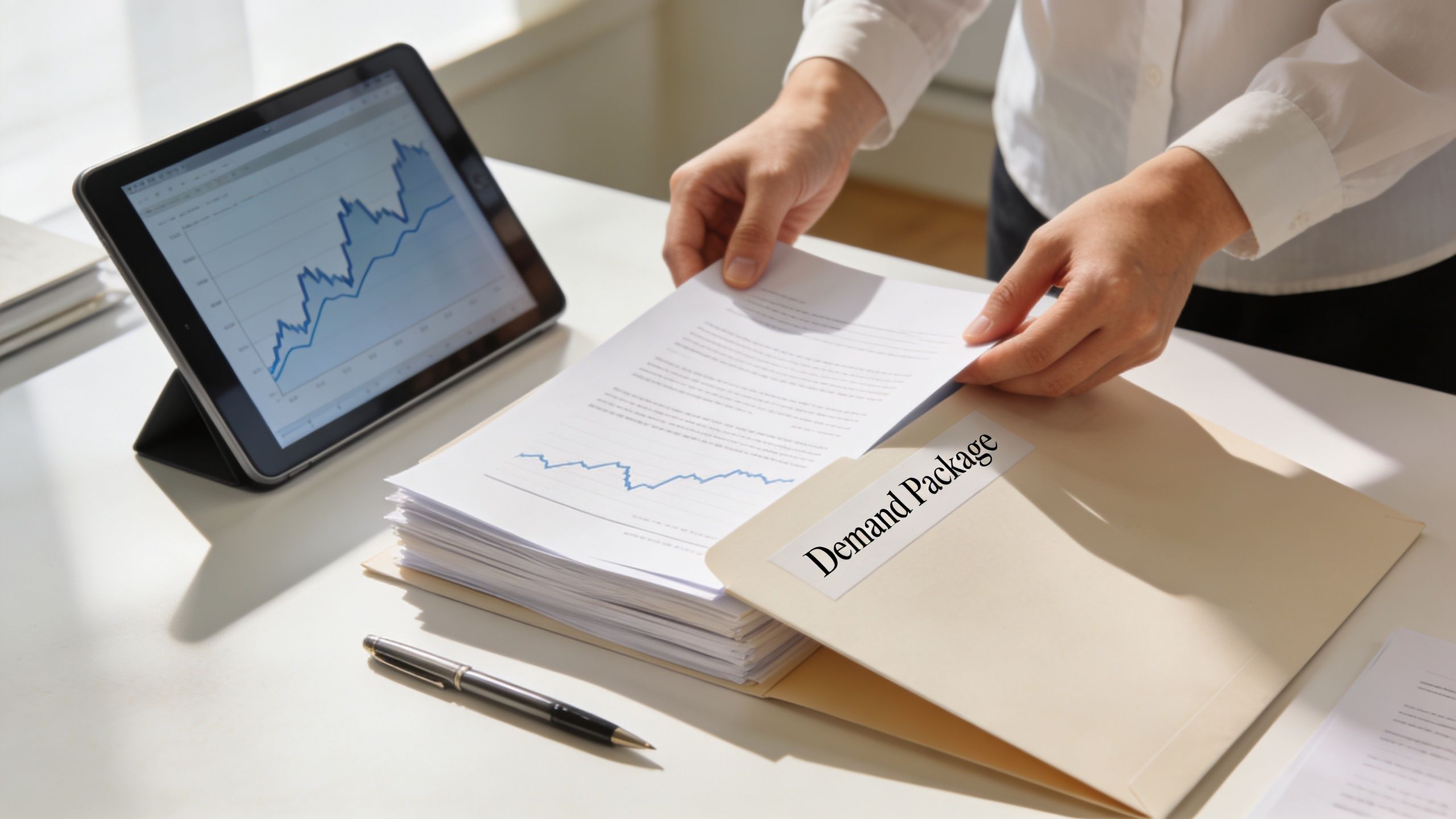 A professional preparing a legal demand package folder with financial data documents and a tablet computer.