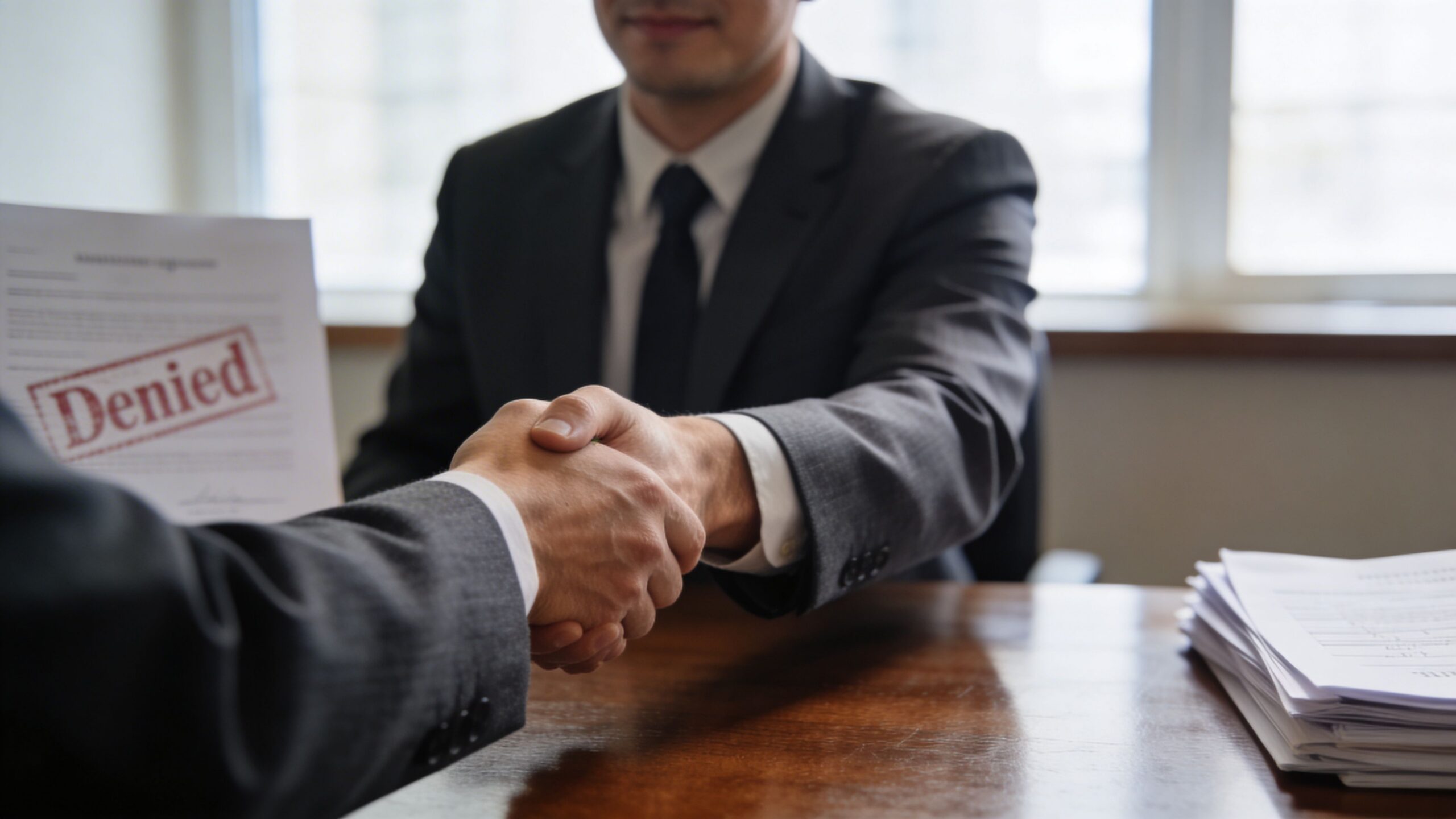 A professional handshake between two people in business suits with a denied document held in the foreground.