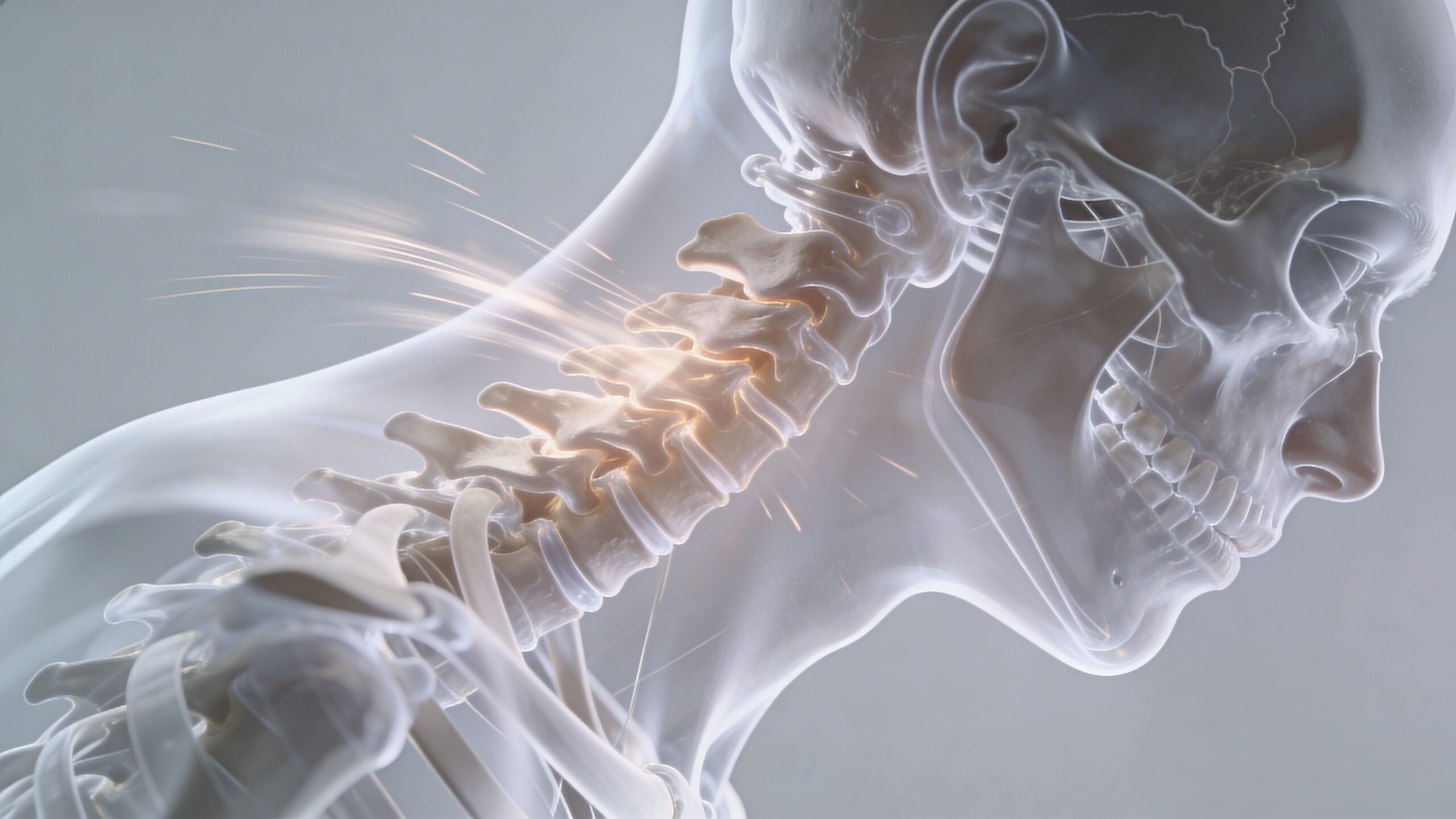A 3D medical visualization of a human cervical spine highlighting neck pain and injury symptoms.