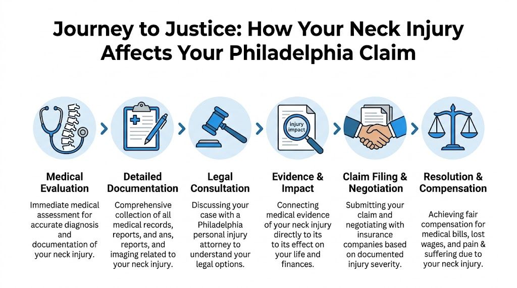 A step-by-step infographic showing the legal process for filing a Philadelphia neck injury compensation claim.