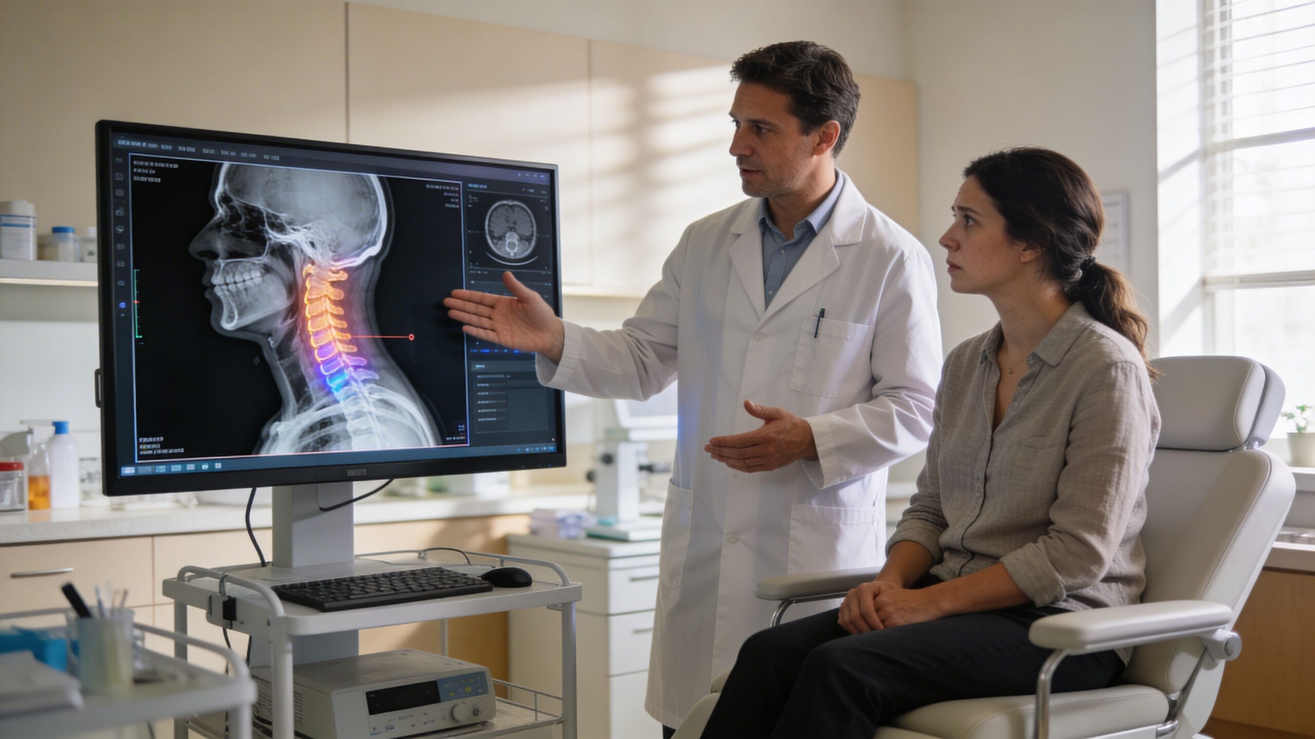 A doctor explaining cervical spine x-ray results to a patient in a medical examination room.