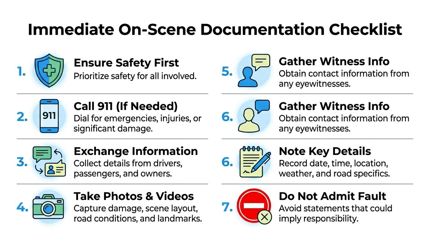An infographic checklist for documenting the immediate scene of a car accident to ensure safety.
