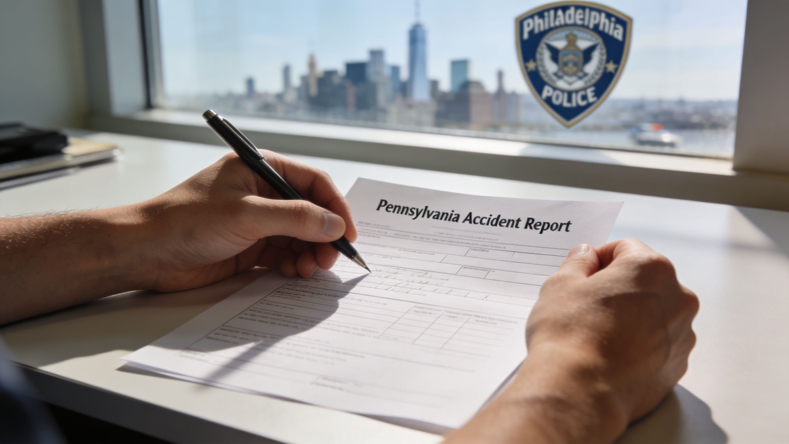 A person writing on a Pennsylvania Accident Report form by a window overlooking the Philadelphia city skyline.
