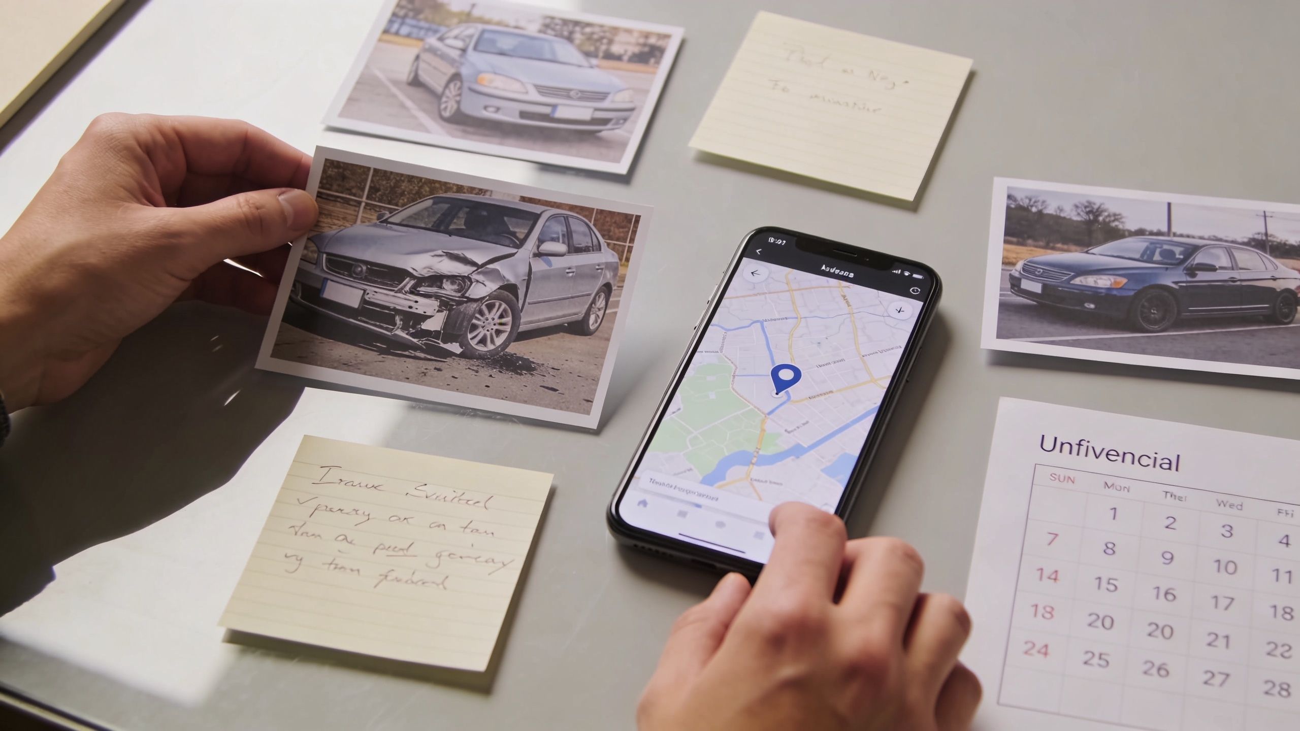 A person organizing photos of a damaged car, a map on a smartphone, and a calendar on a desk.