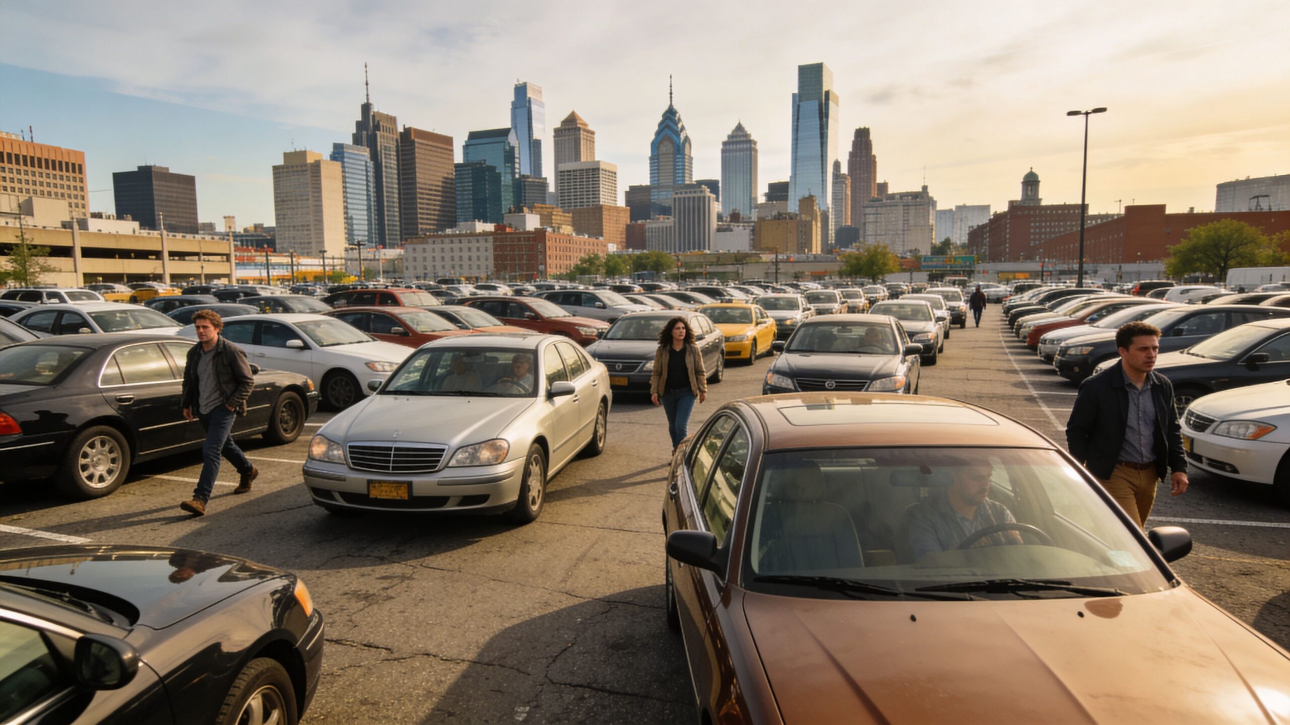 Three people walking through a crowded asphalt parking lot in front of the Philadelphia skyline at sunset.