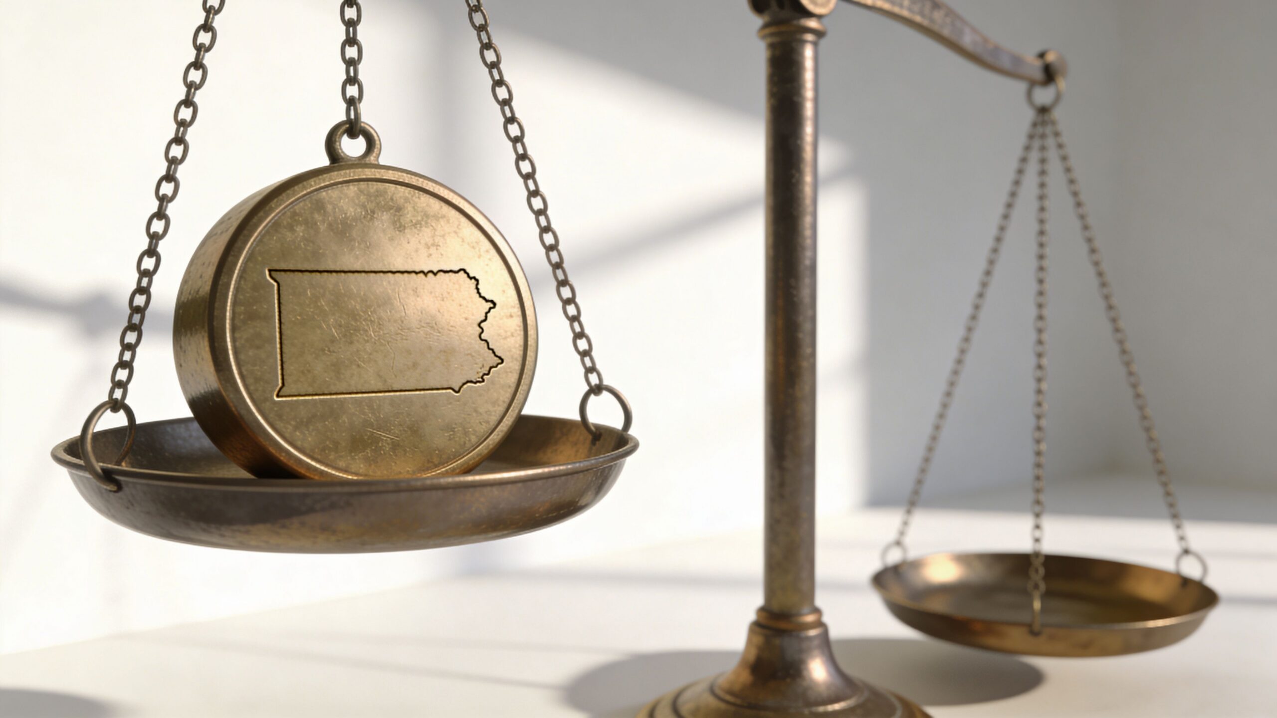 A conceptual bronze scale with a circular weight shaped like the state of Pennsylvania on it.