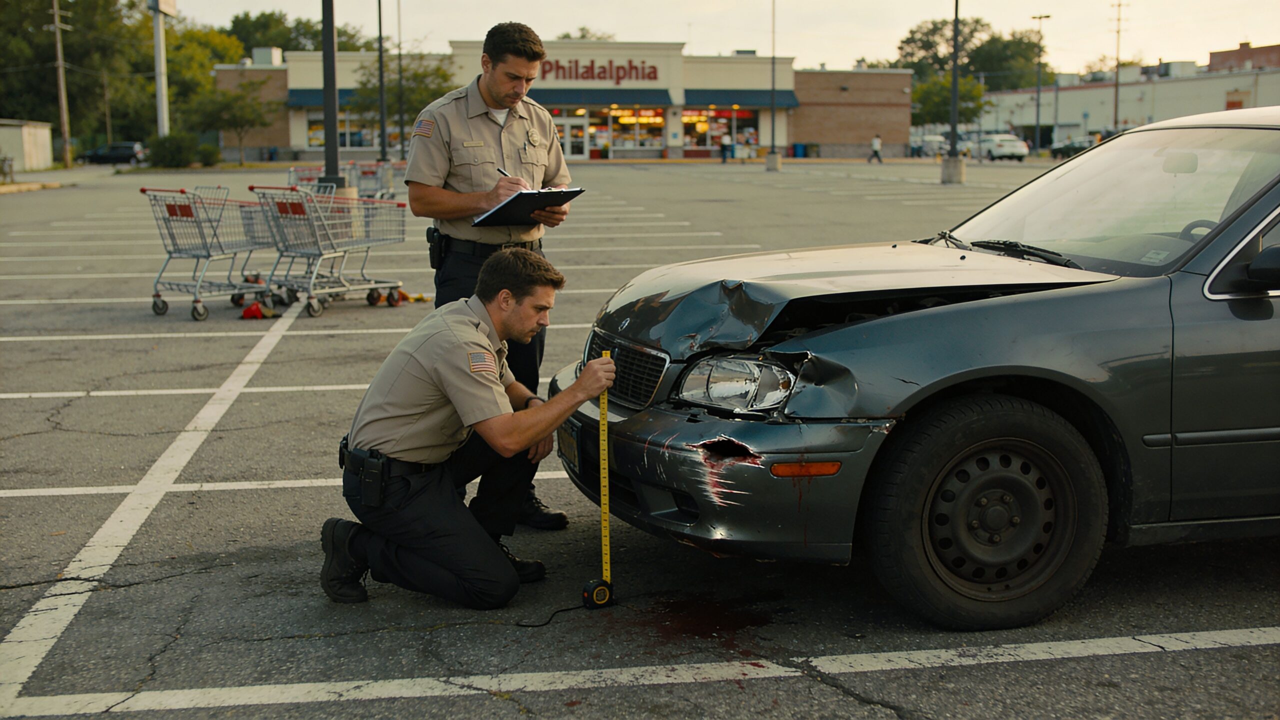 Two police officers in uniform investigate a damaged car in a Philadelphia grocery store parking lot.