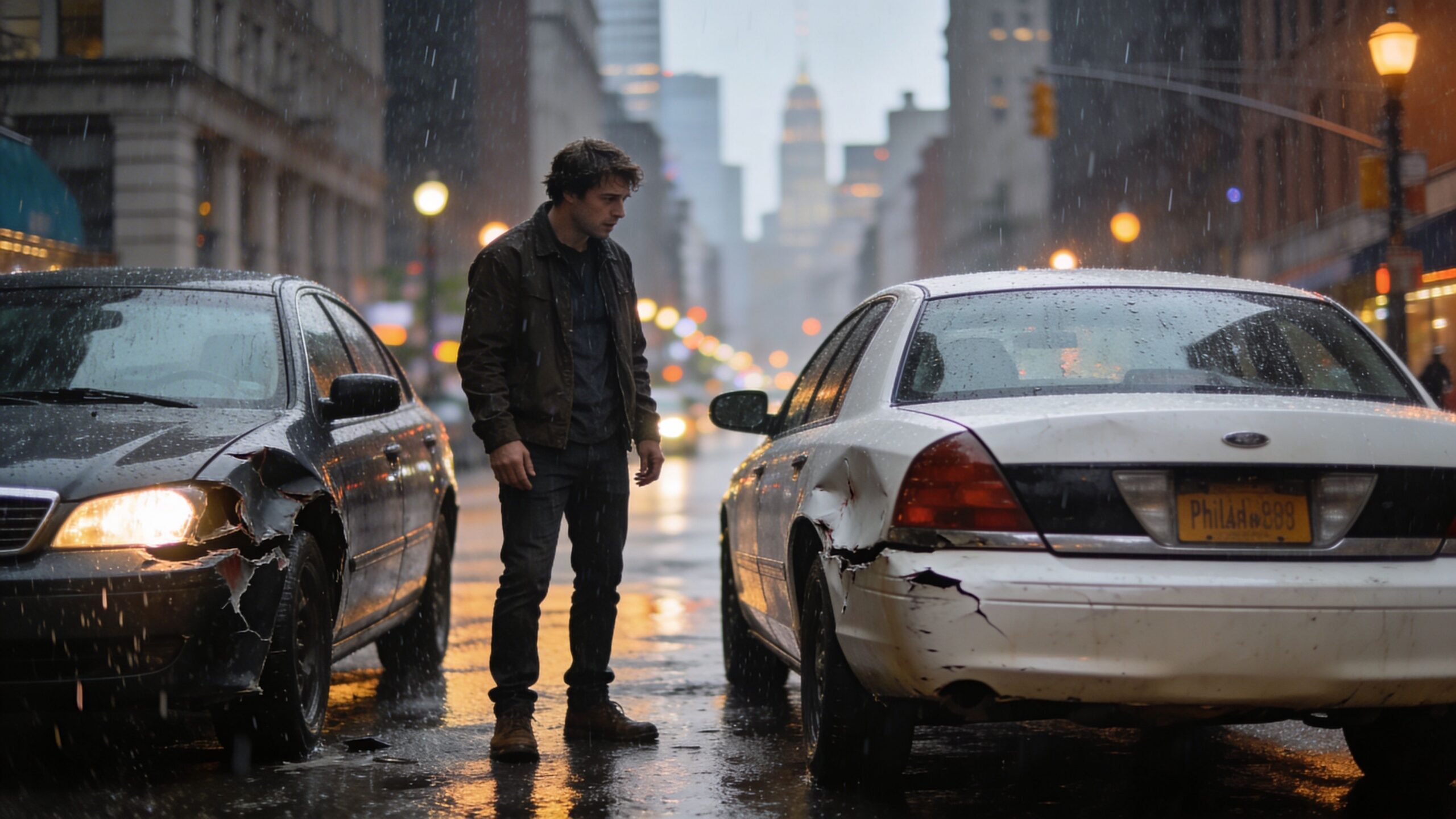 A man looking distressed while standing between two cars damaged in a rainy Philadelphia city street collision.