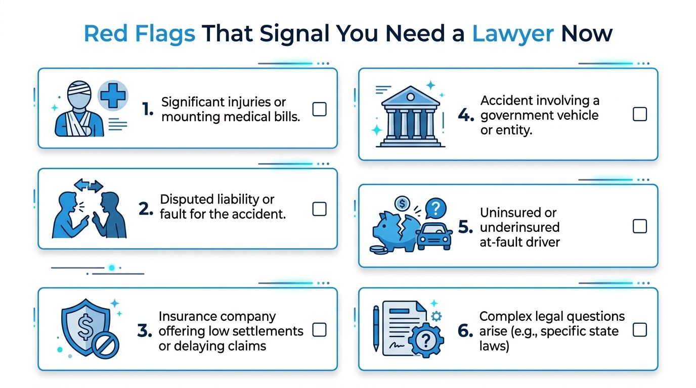 A checklist infographic titled Red Flags That Signal You Need a Lawyer Now after an accident.