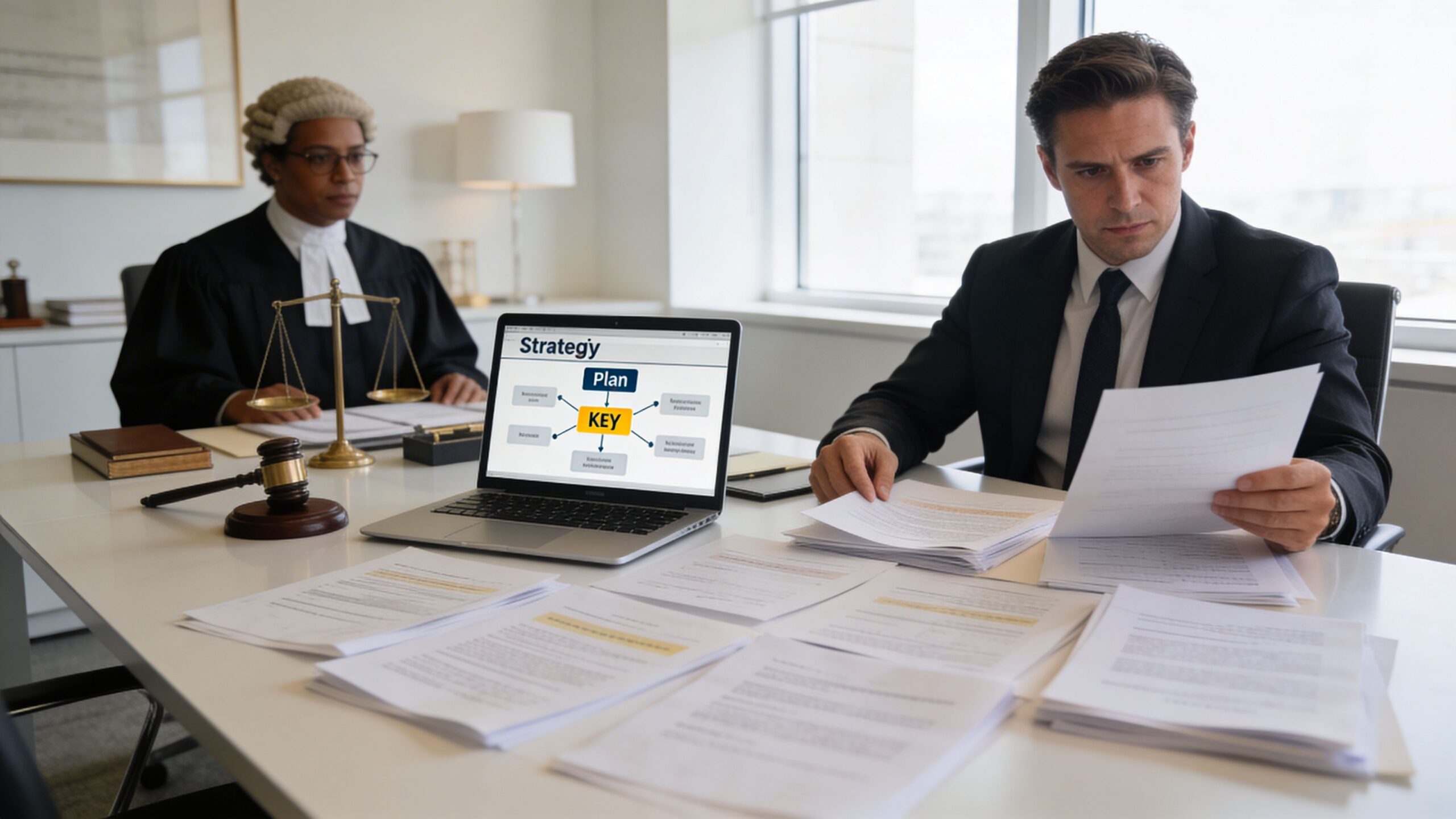 A judge and a lawyer review legal documents and strategic plans in a professional office setting.
