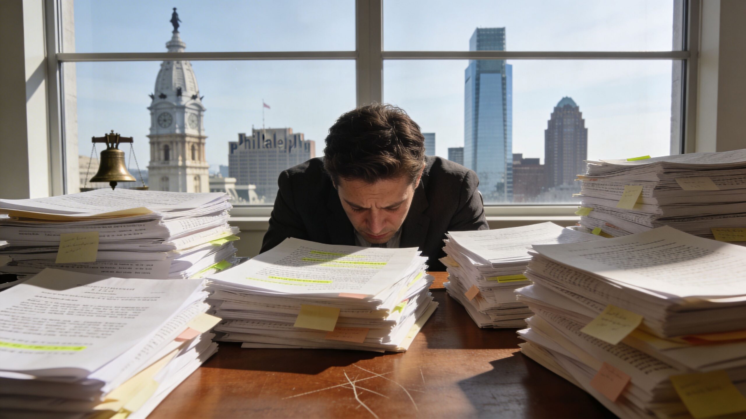 A weary lawyer sitting at a desk overflowing with legal documents in a Philadelphia office setting.