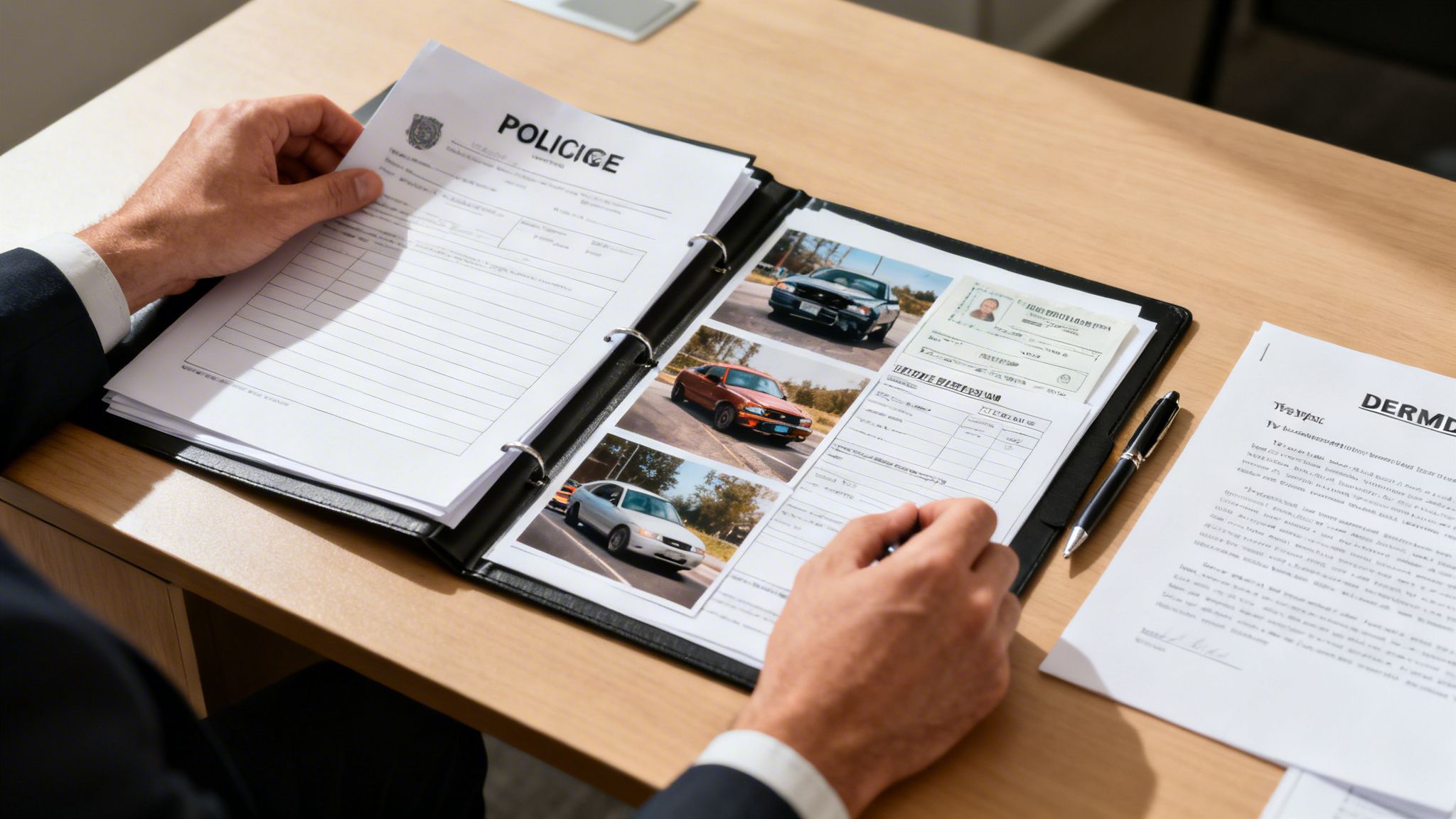 A person in a suit reviews police documents, car photos, and an ID card in a binder on a wooden desk.