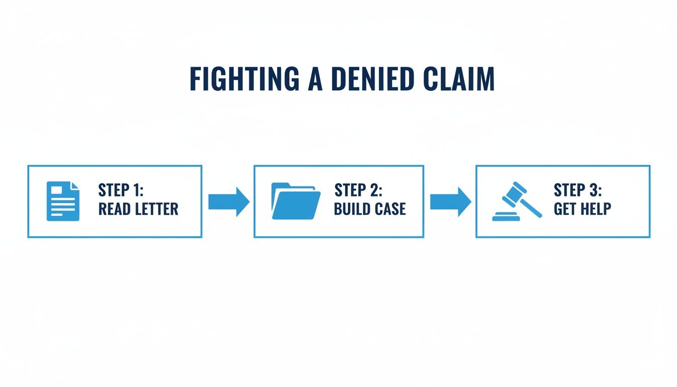 A flowchart illustrates steps to fight a denied claim: Read Letter, Build Case, Get Help.