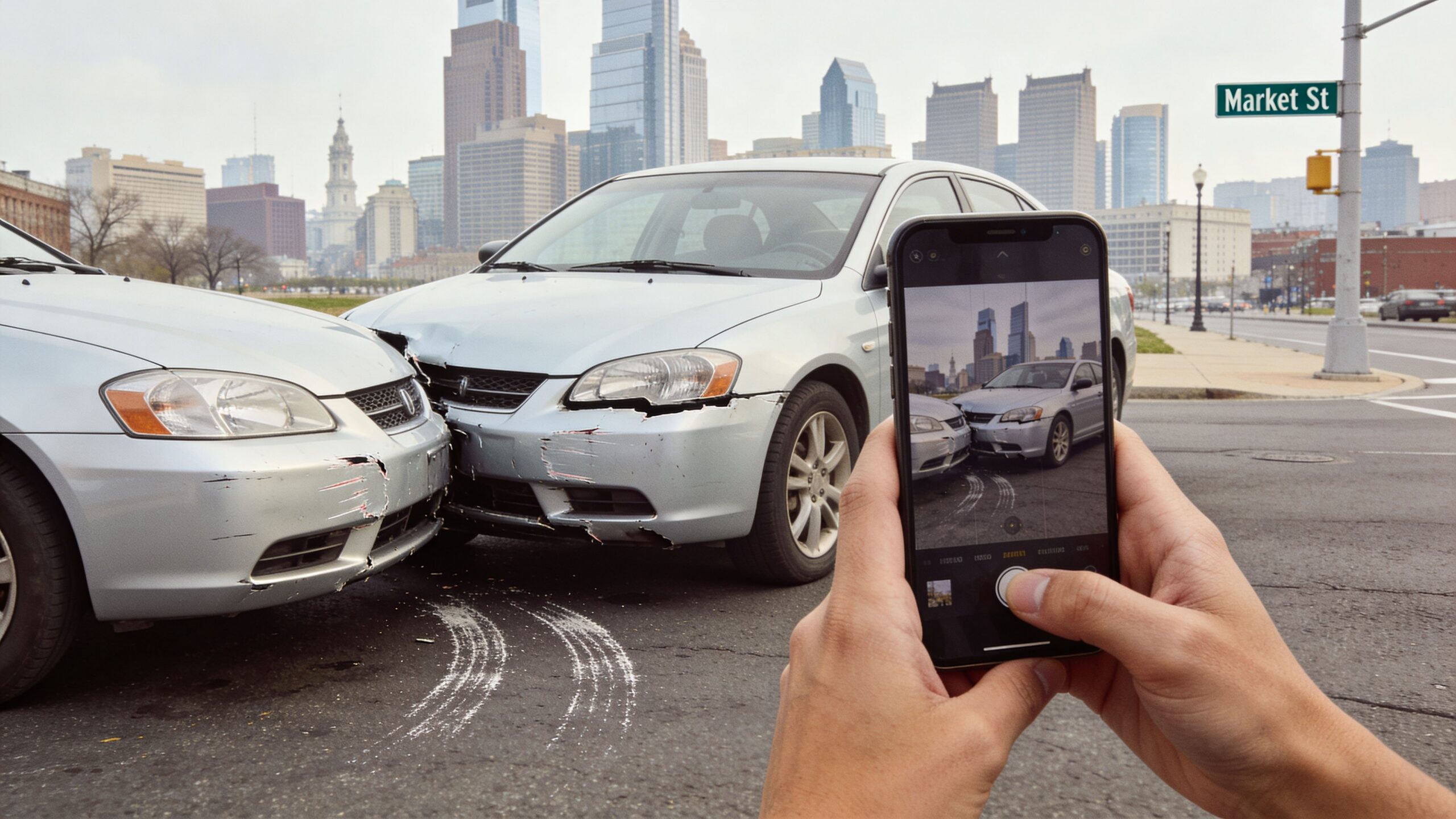 A person using a smartphone to photograph two silver cars involved in a collision at an intersection.