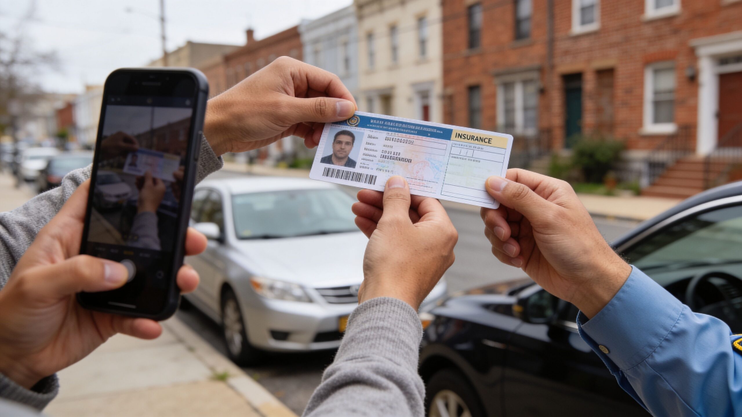 A person using a smartphone to photograph an auto insurance card after a car accident in Philadelphia.
