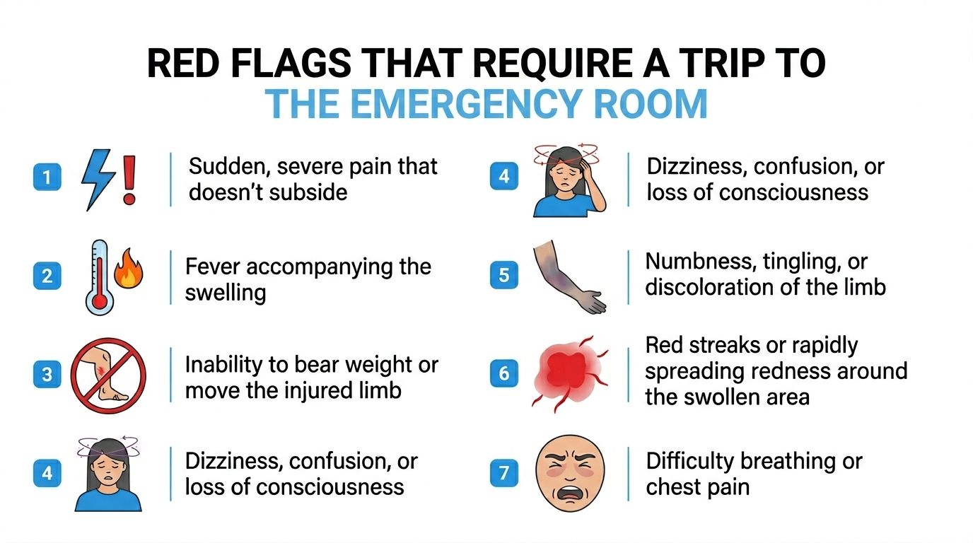 A medical infographic listing seven red flag symptoms that indicate an urgent need for emergency room treatment.