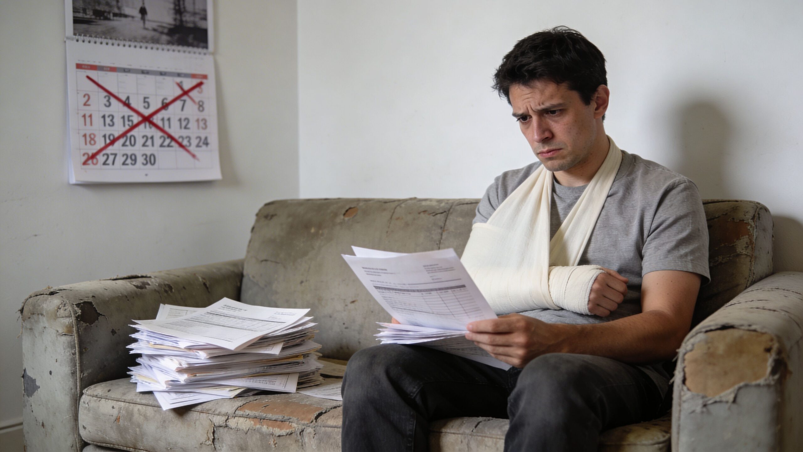 A man with an arm sling sitting on a damaged sofa while reviewing a stack of paperwork.