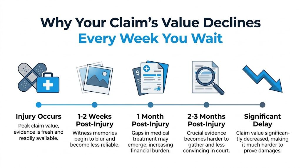 A timeline graphic showing how personal injury claim values decrease over time as evidence becomes less reliable.