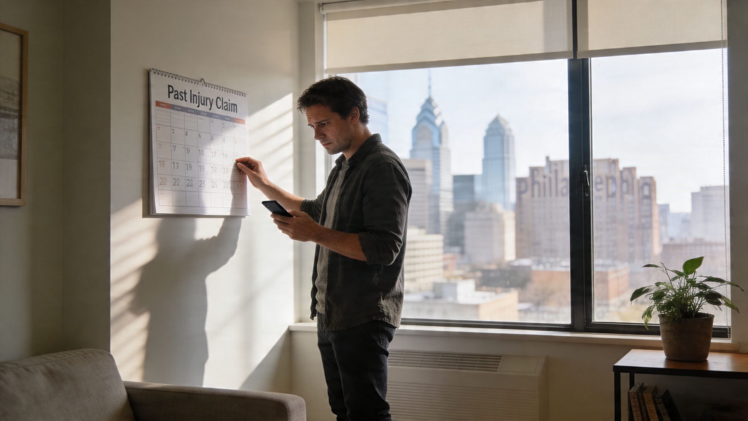 A man in a city apartment looks thoughtfully at a calendar titled Past Injury Claim while holding his phone.