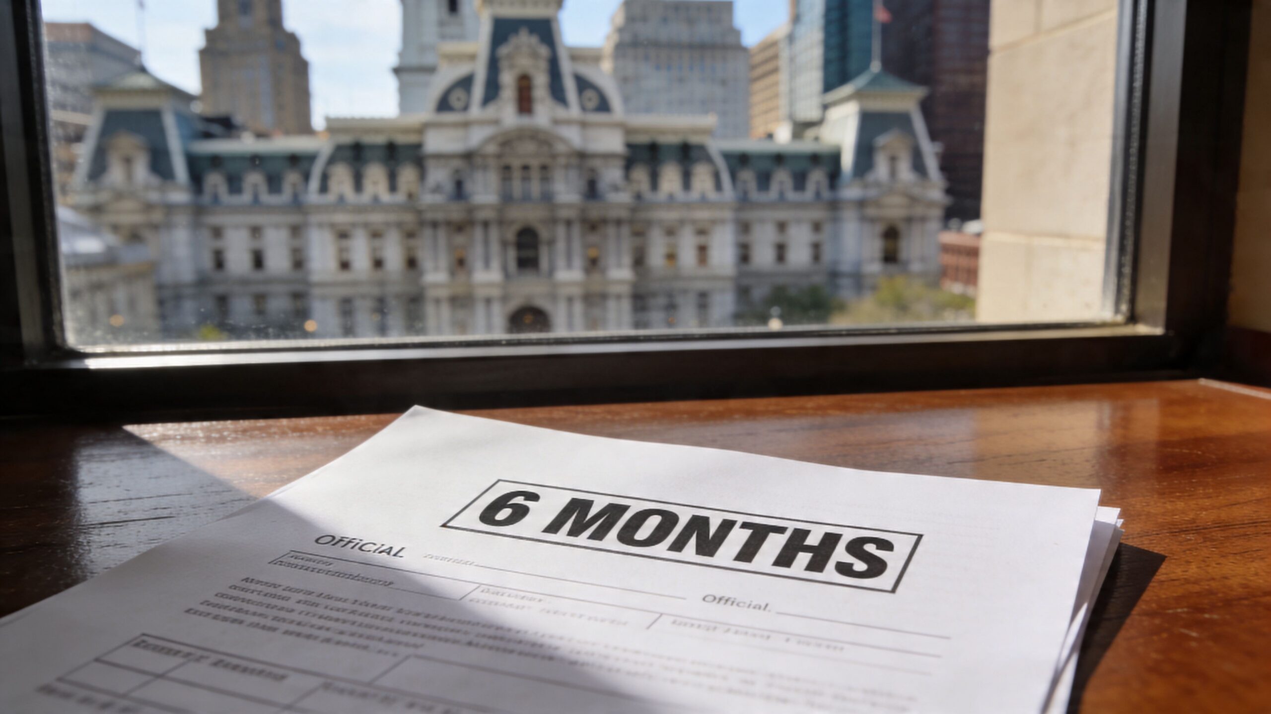 A document stating 6 Months sits on a wooden desk overlooking Philadelphia City Hall through a window.