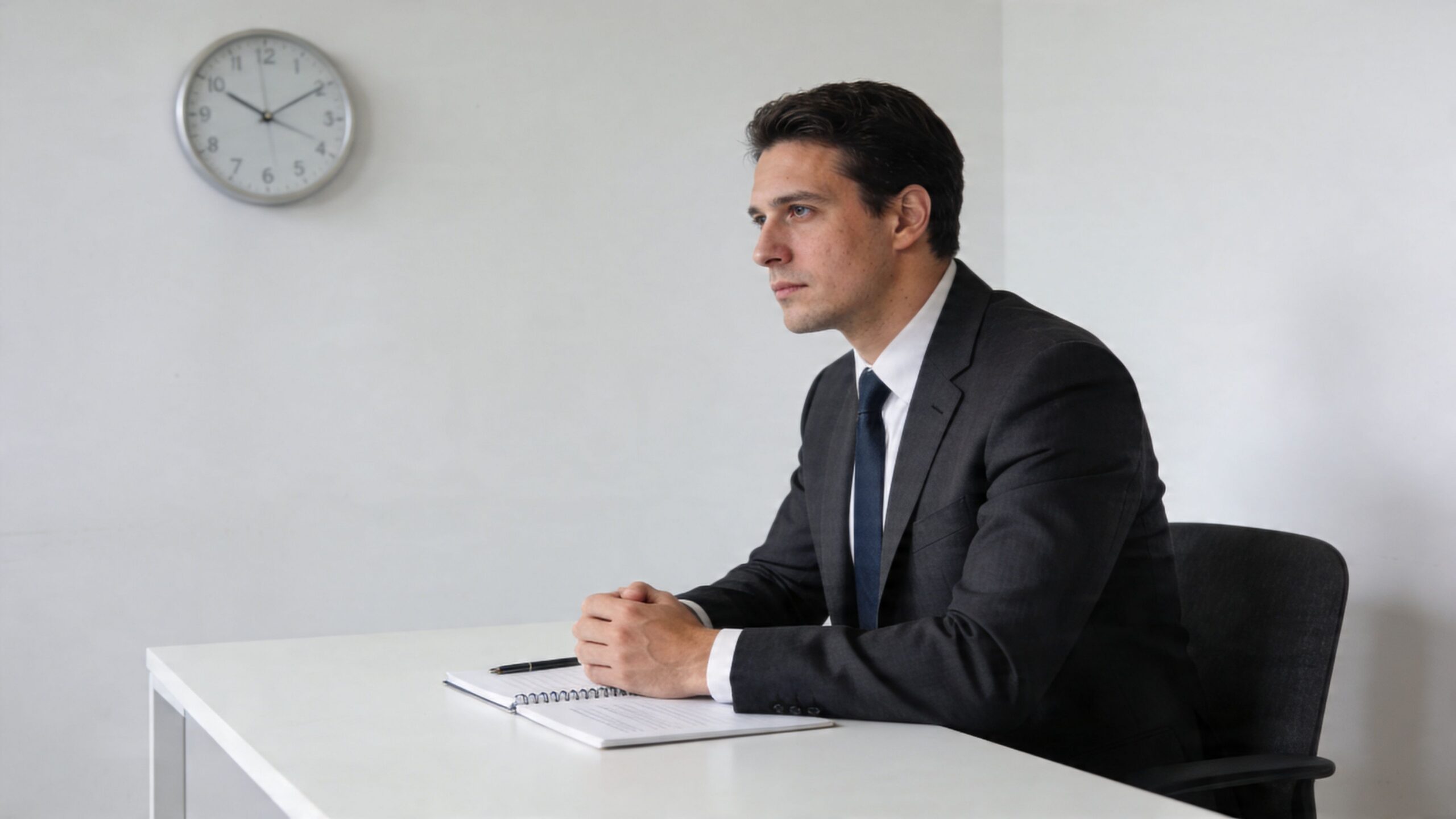 A professional man in a suit and tie sitting at a desk during an interview.