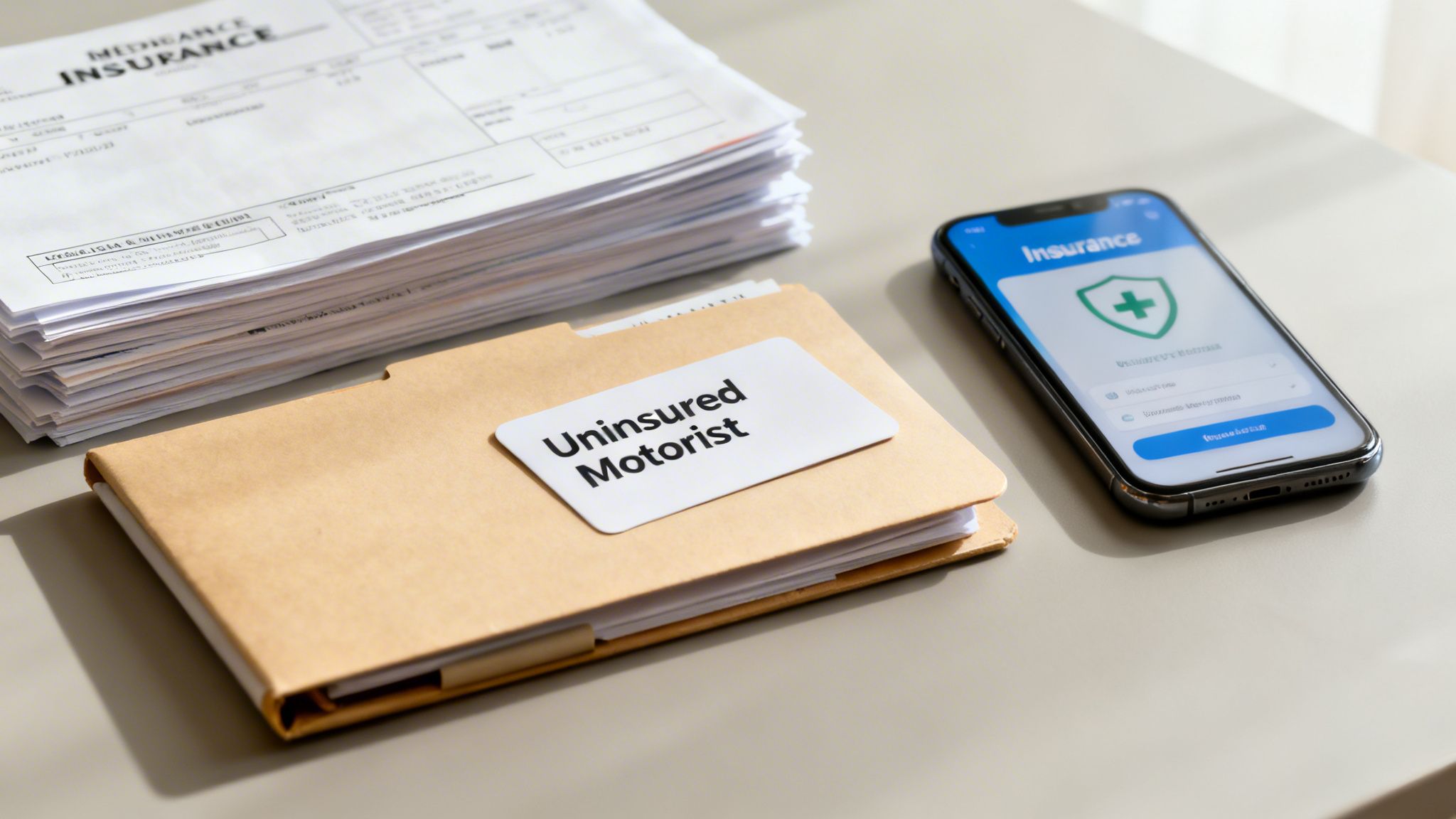 Desk with stacked insurance documents, an 'Uninsured Motorist' folder, and a smartphone showing an insurance app.