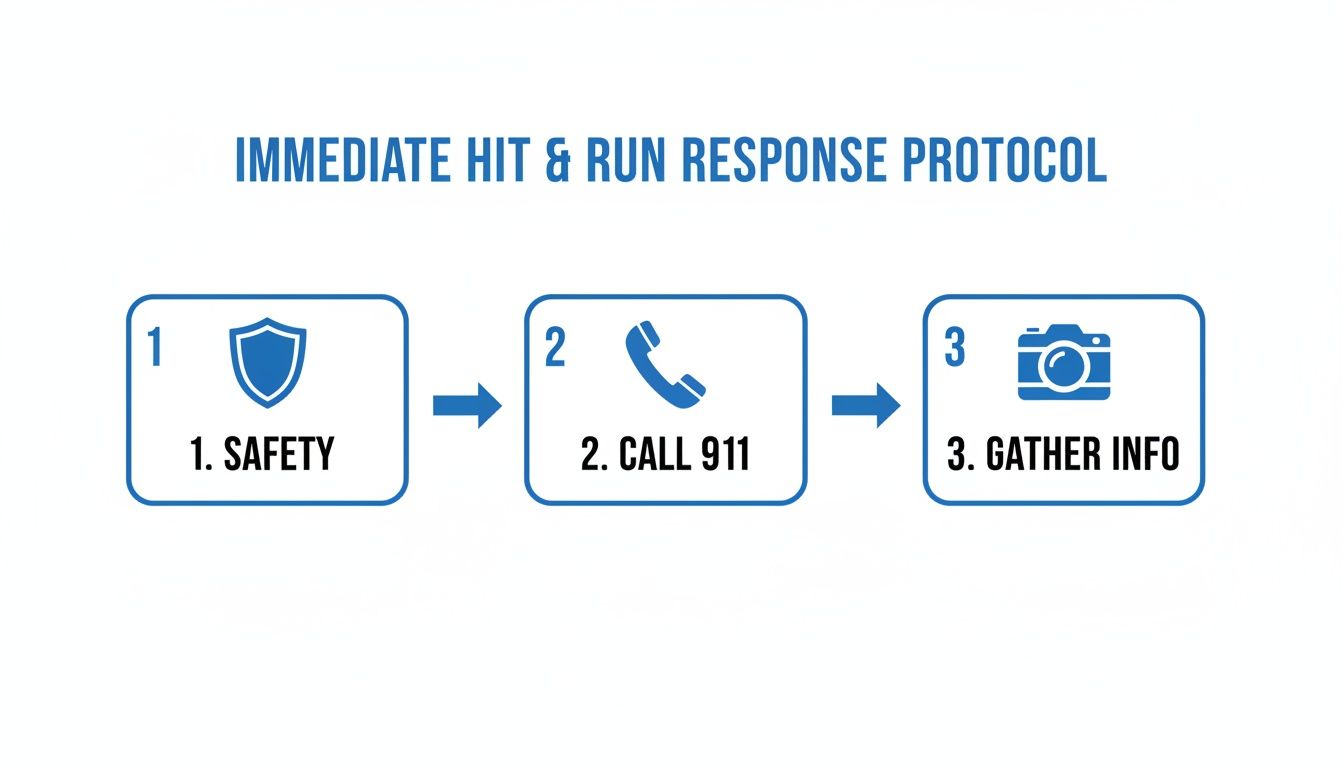 Immediate hit and run response protocol with steps for safety, calling 911, and gathering information.