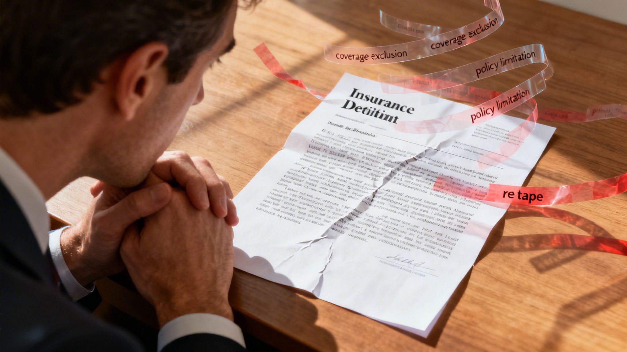 A concerned person sits at a desk looking at a torn insurance document wrapped in red tape.