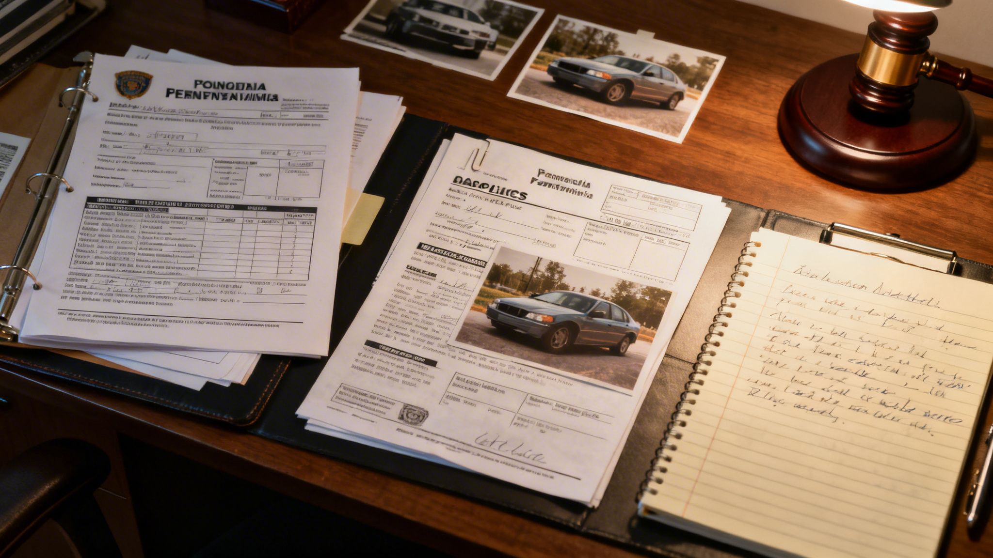 A wooden desk holding police investigation documents, photographs of a car, and a handwritten legal notepad.