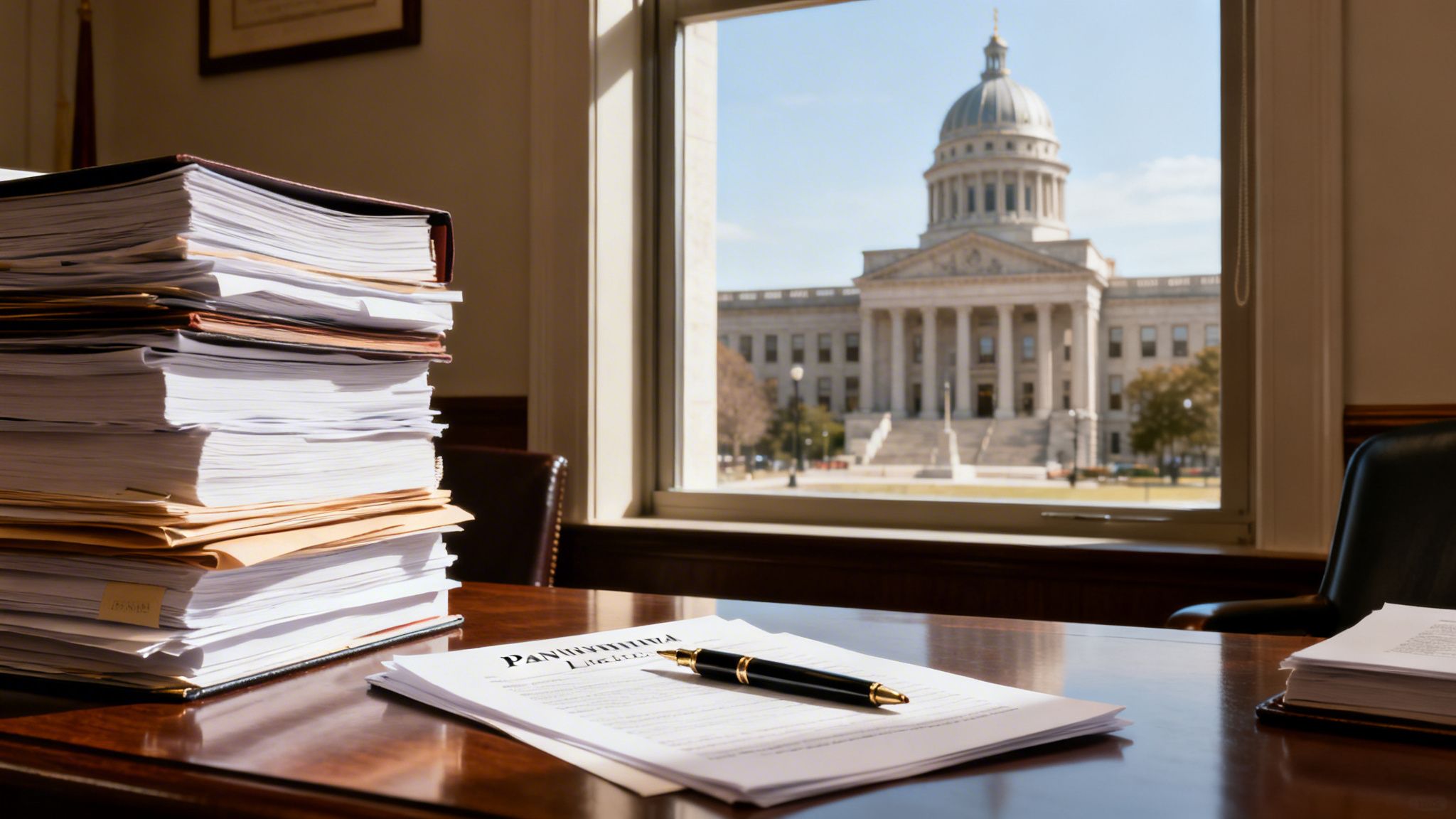 A stack of legal documents and a pen on a desk overlooking a government capitol building.