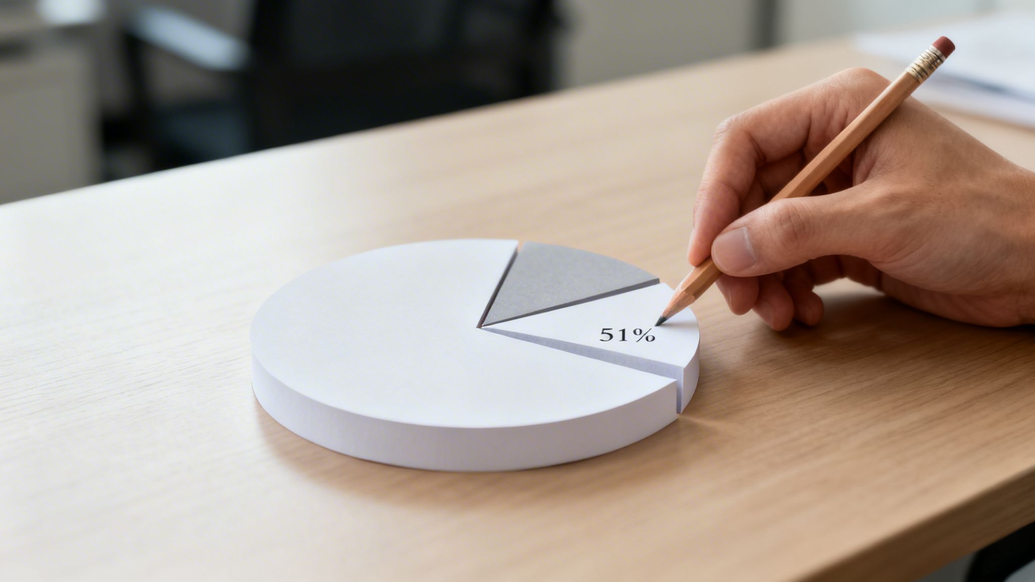A hand holds a pencil, pointing to a 51% segment of a pie chart on a wooden desk.