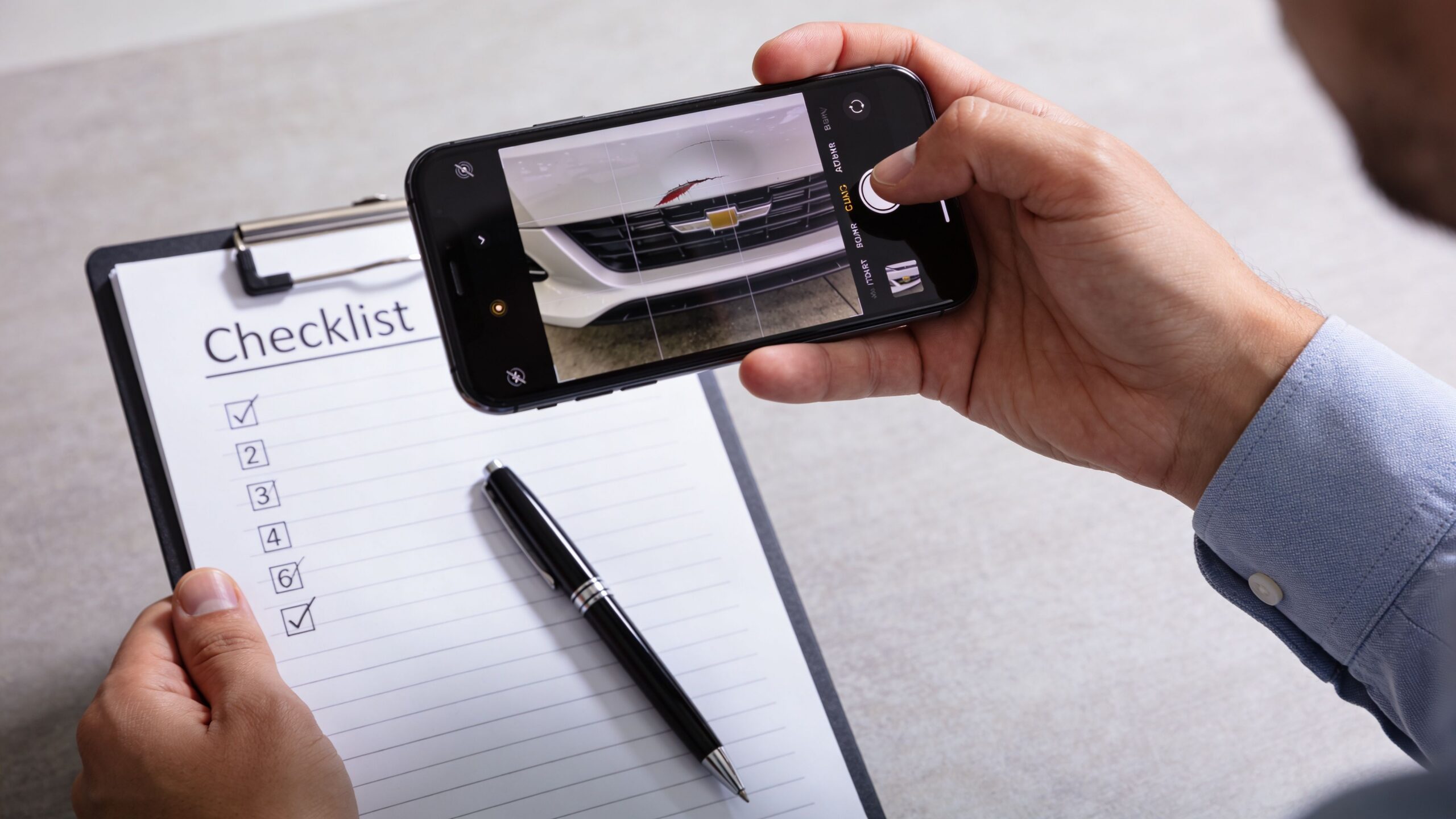 A person holding a clipboard and using a smartphone to photograph damage on a vehicle bumper.