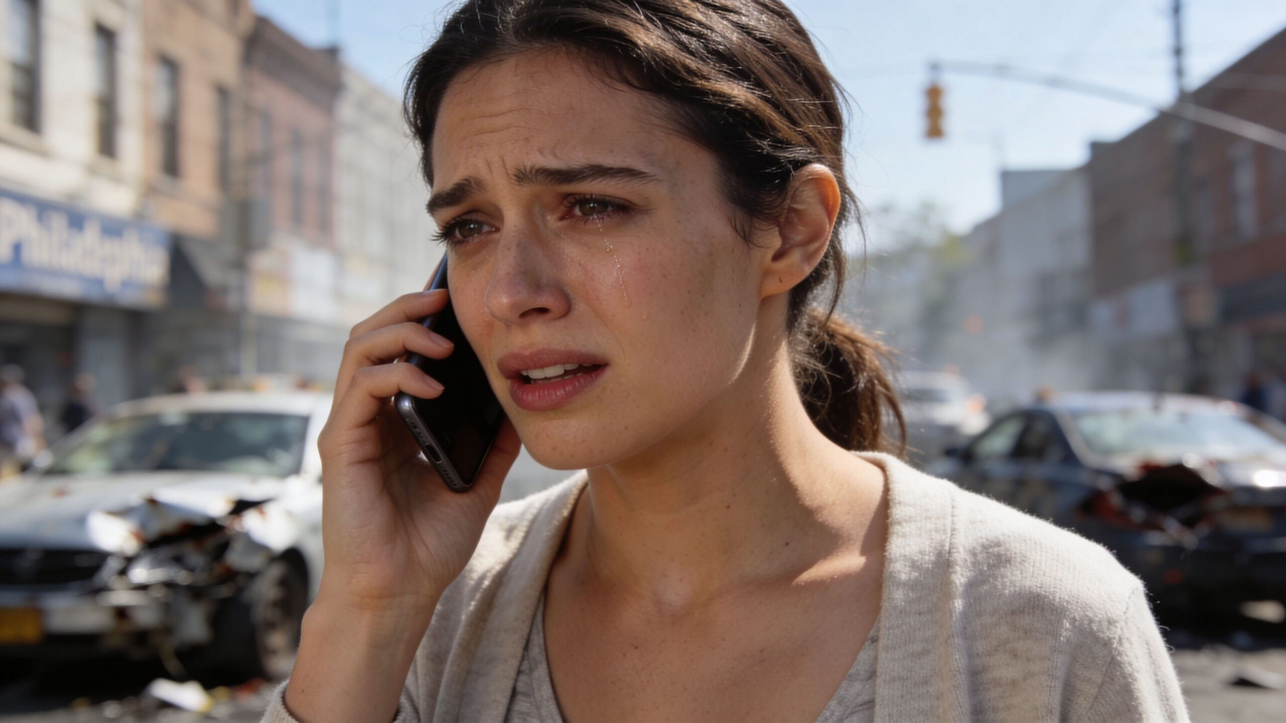 A distressed young woman crying on her phone standing near the site of a vehicle accident.