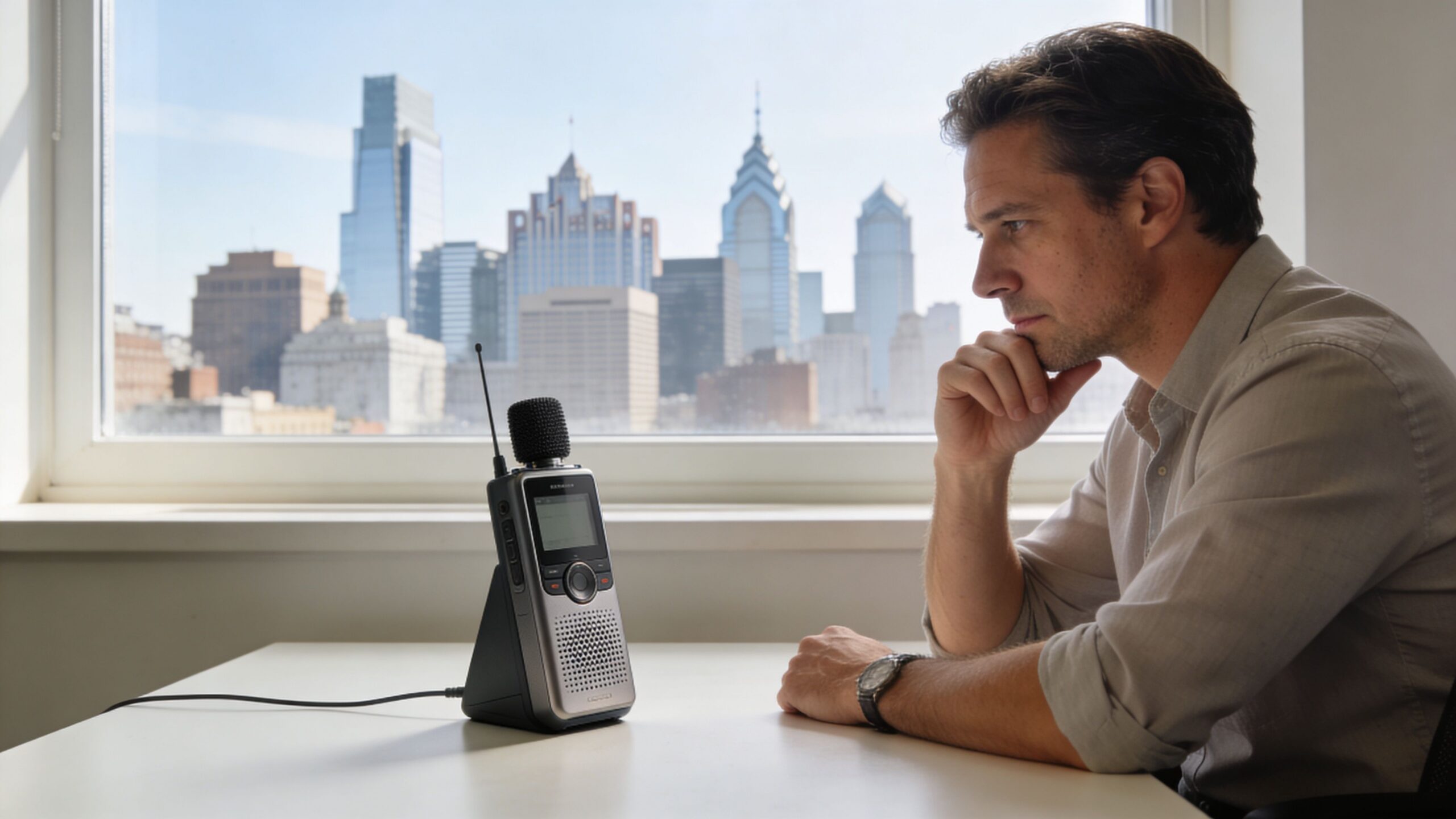 A thoughtful man sitting at a desk with a recording device overlooking the Philadelphia city skyline.