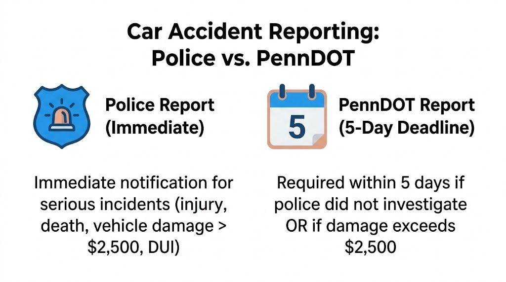 A visual guide explaining the difference between immediate police accident reports and five-day PennDOT reporting requirements.