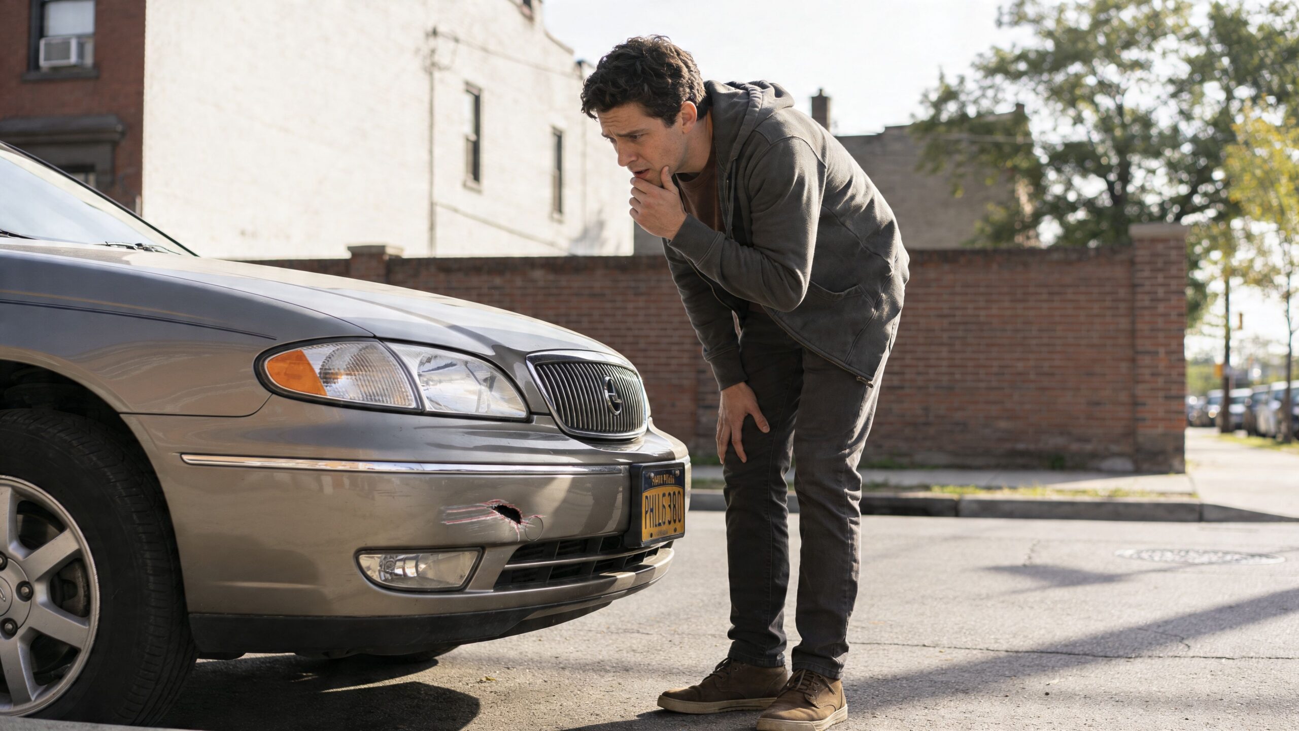 A concerned young man inspecting the damage to his car bumper on a sunny Philadelphia city street.