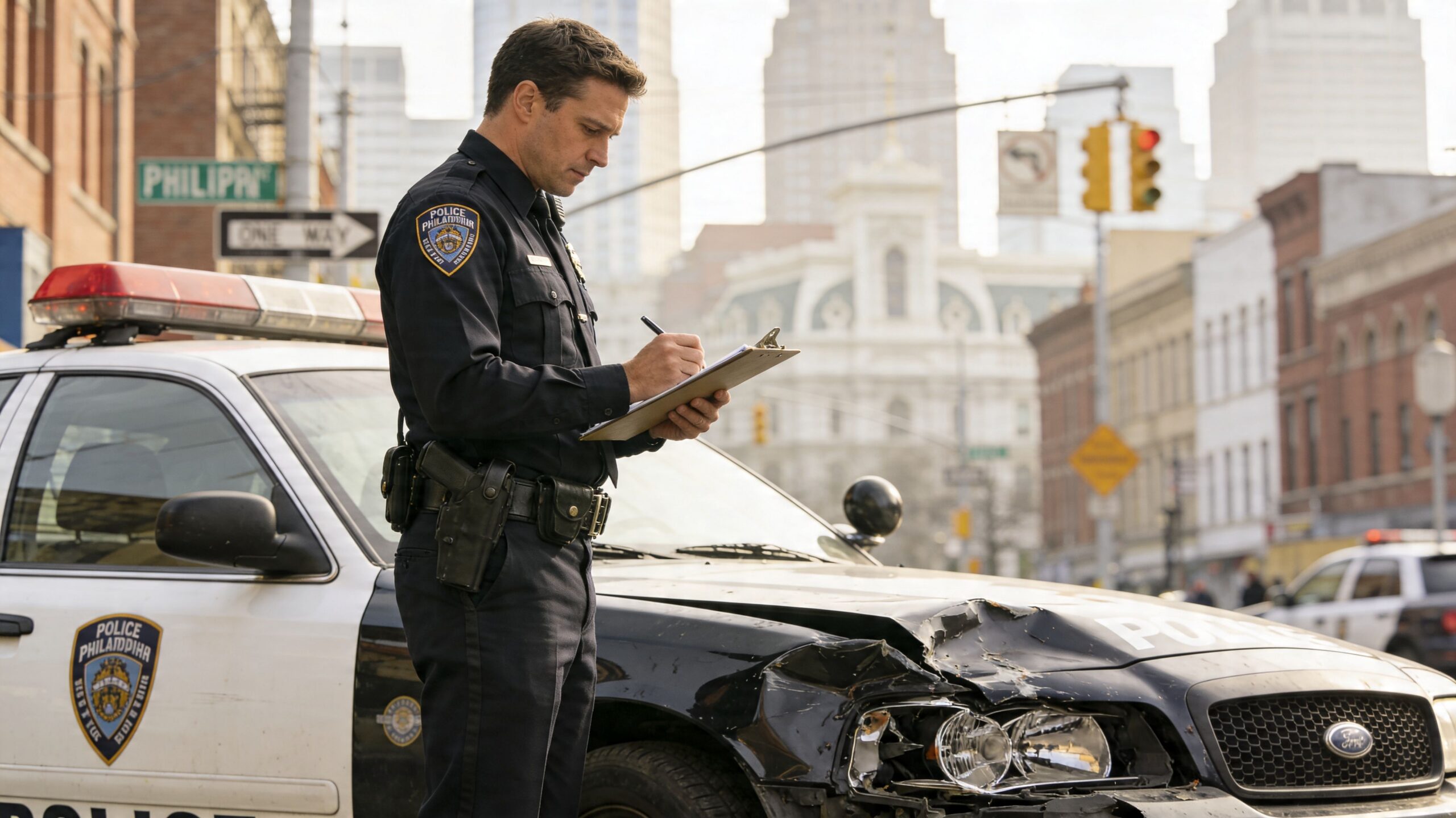 A Philadelphia police officer writing notes on a clipboard while standing next to a damaged patrol car.