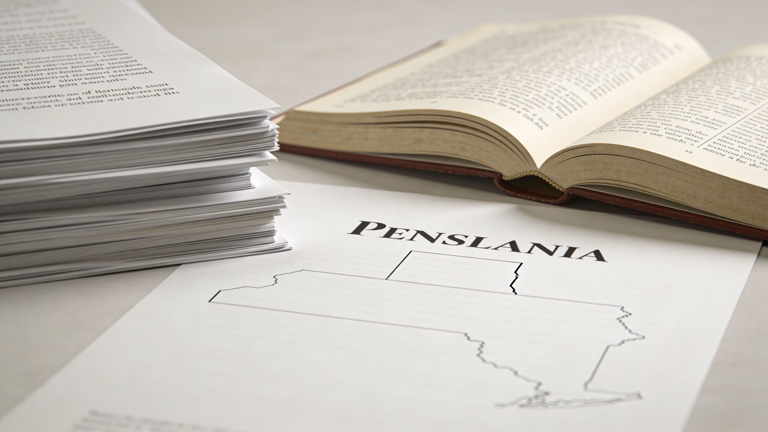 A stack of papers, an open book, and a document titled Penslania with a map outline.