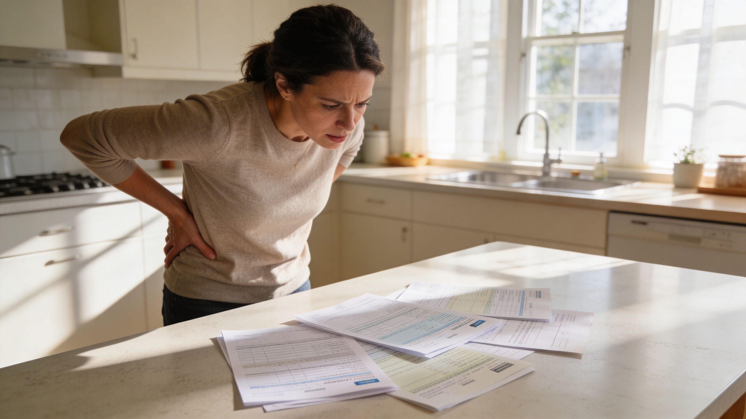 A woman looks stressed while examining financial documents or a settlement paperwork on a kitchen counter.
