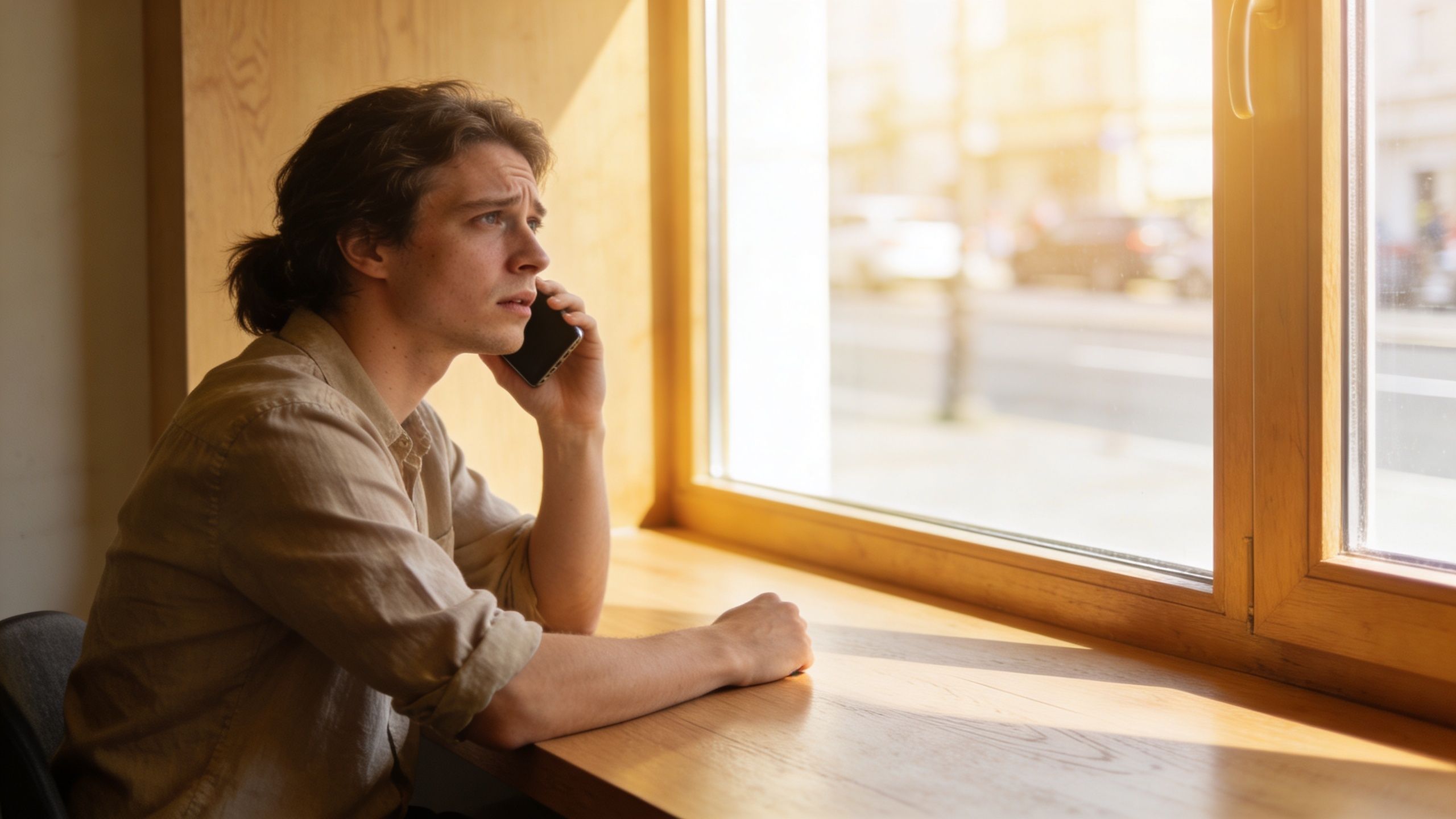 A concerned young man with long brown hair looks out a sunny cafe window while talking on his phone.