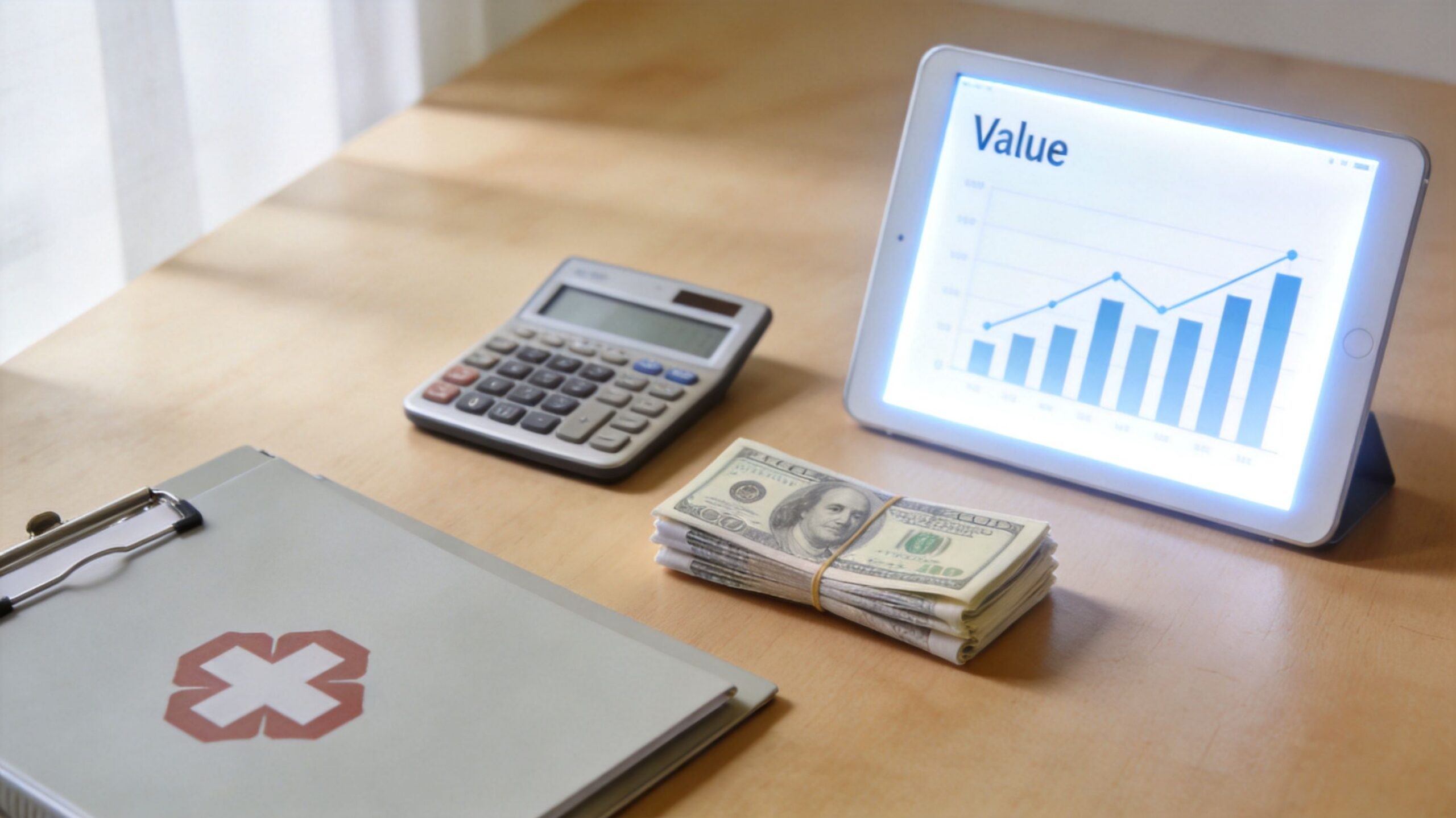 A calculator, a stack of hundred dollar bills, and a tablet displaying a financial growth chart on a desk.