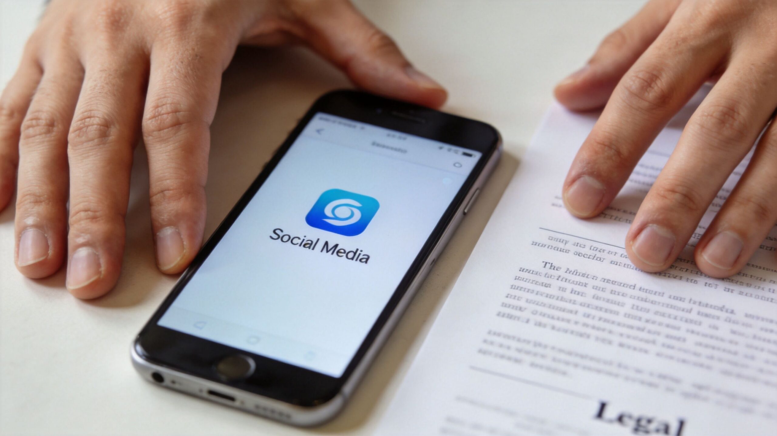 A smartphone displaying a social media icon next to legal documentation on a white surface.