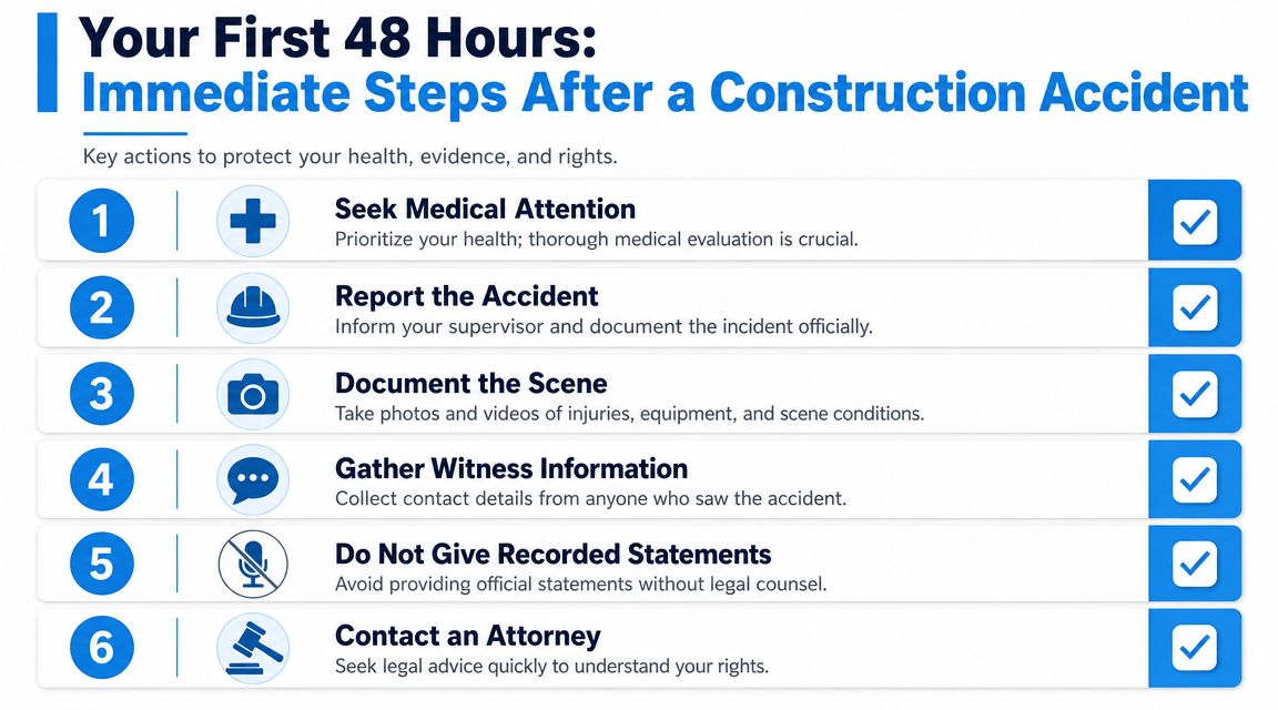 A checklist infographic detailing six essential steps to follow after experiencing a construction site accident.
