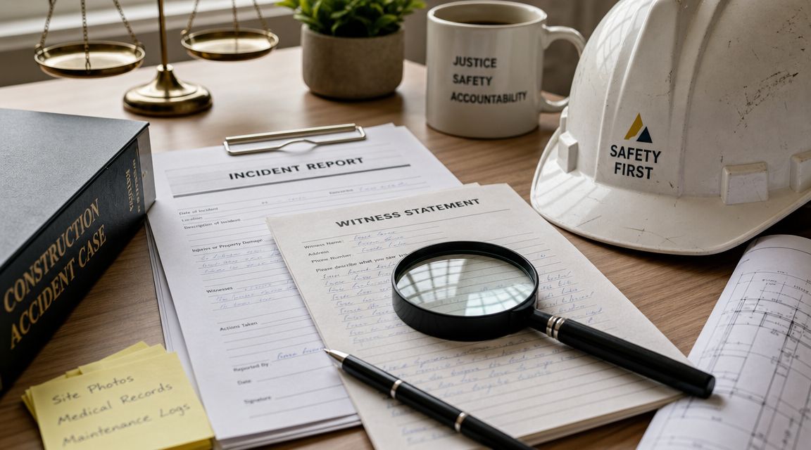 Legal documents, a hard hat, and a magnifying glass on a desk for construction accident investigation.
