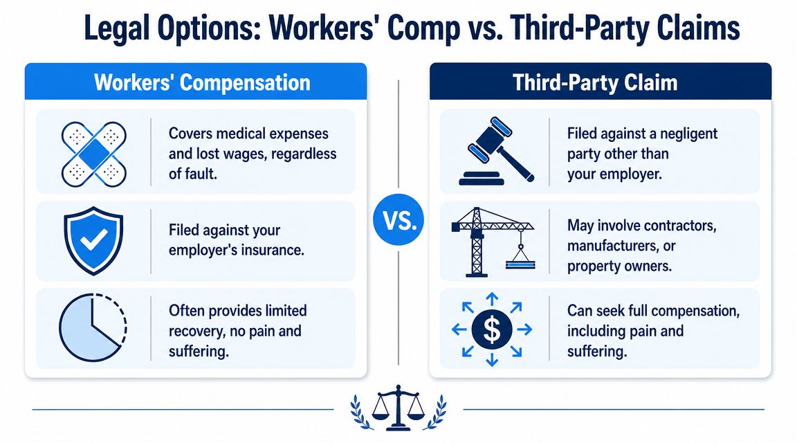 A comparison chart outlining the differences between workers' compensation claims and third-party personal injury claims.