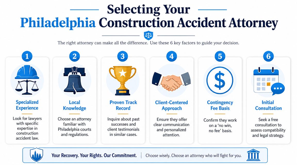 A helpful infographic showing six key factors for selecting a construction accident attorney in Philadelphia.
