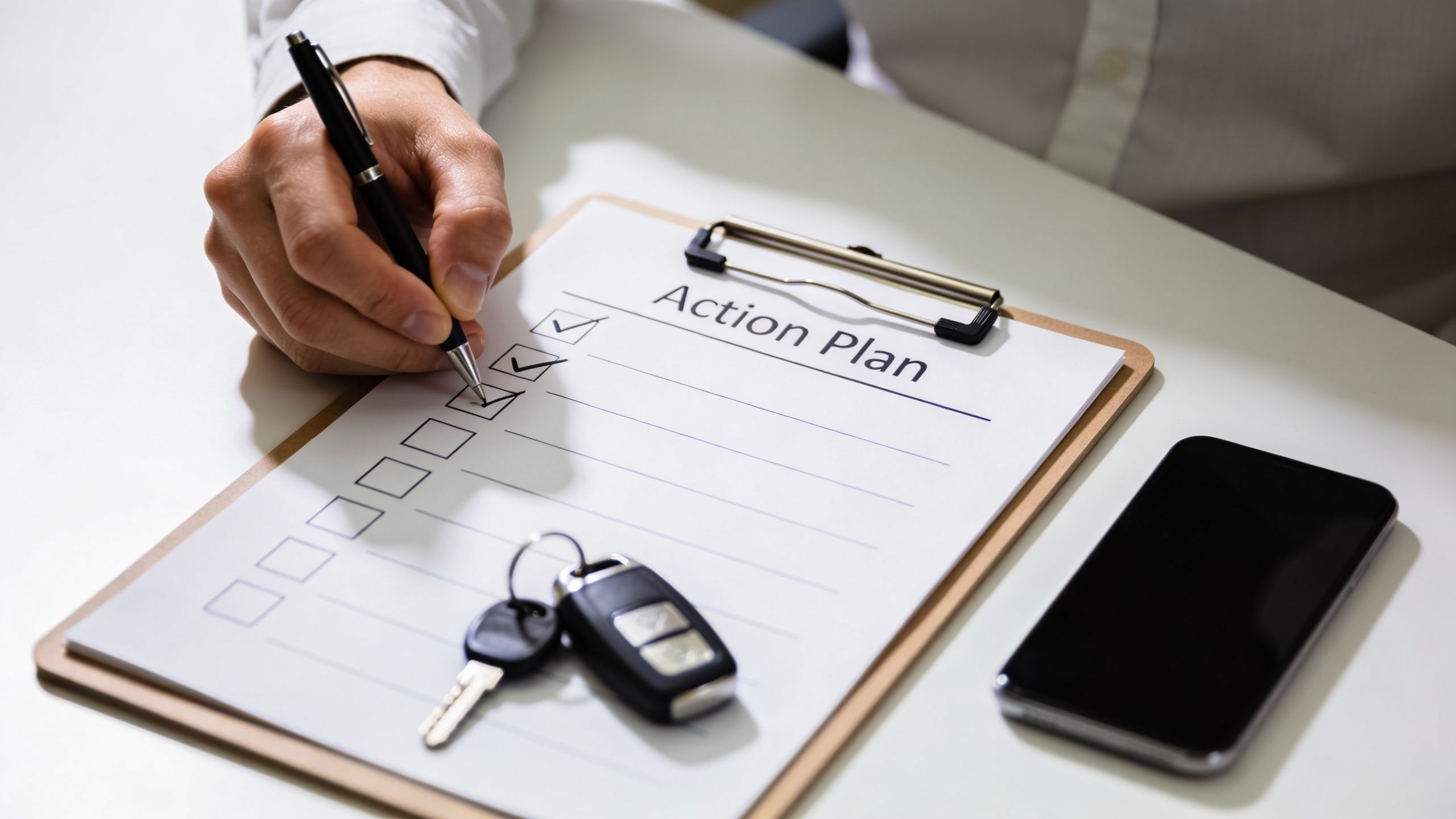 A person fills out an action plan checklist on a clipboard near car keys and a smartphone.