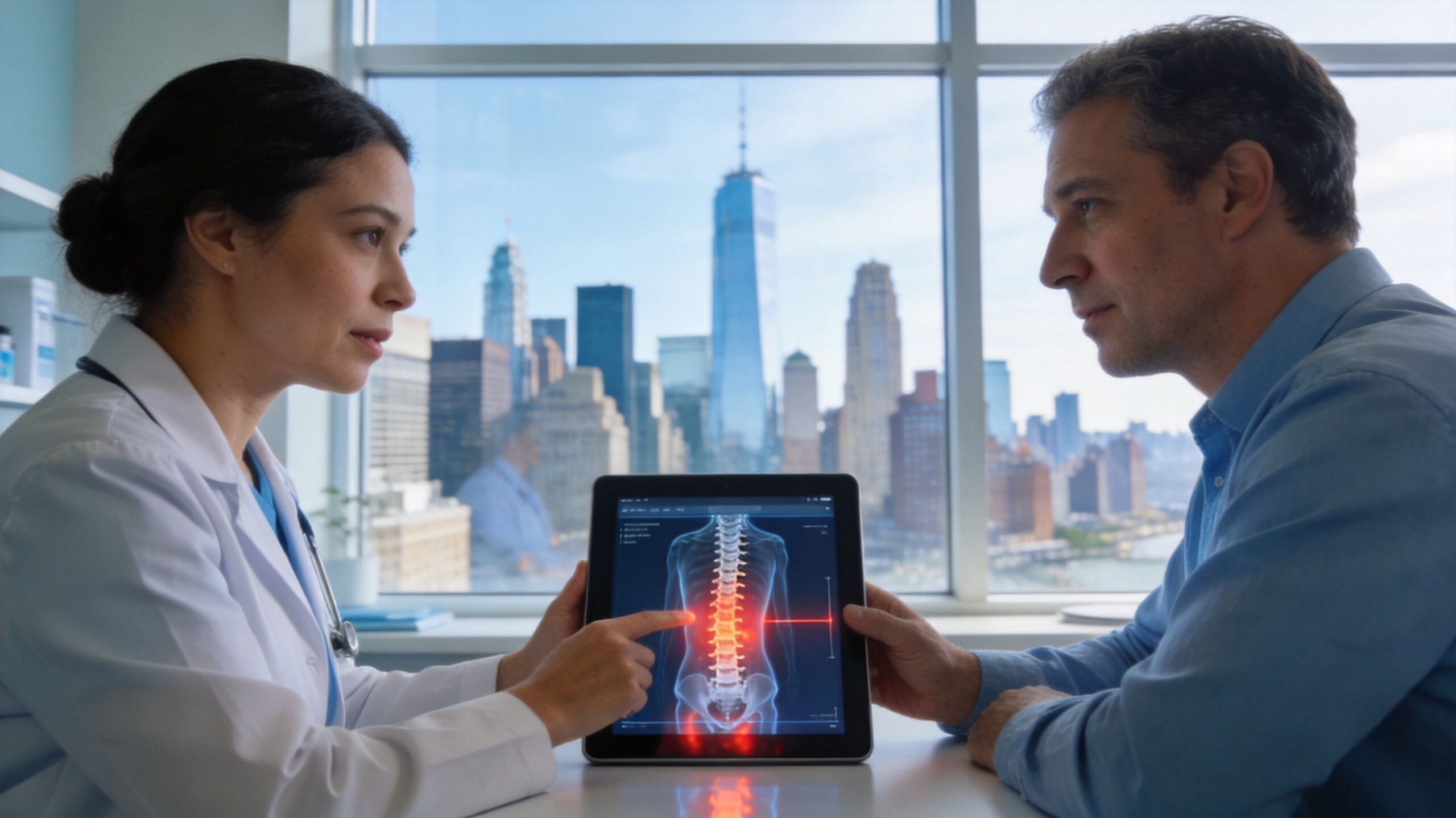 A female doctor pointing to a spine model on a tablet while consulting a male patient in office.