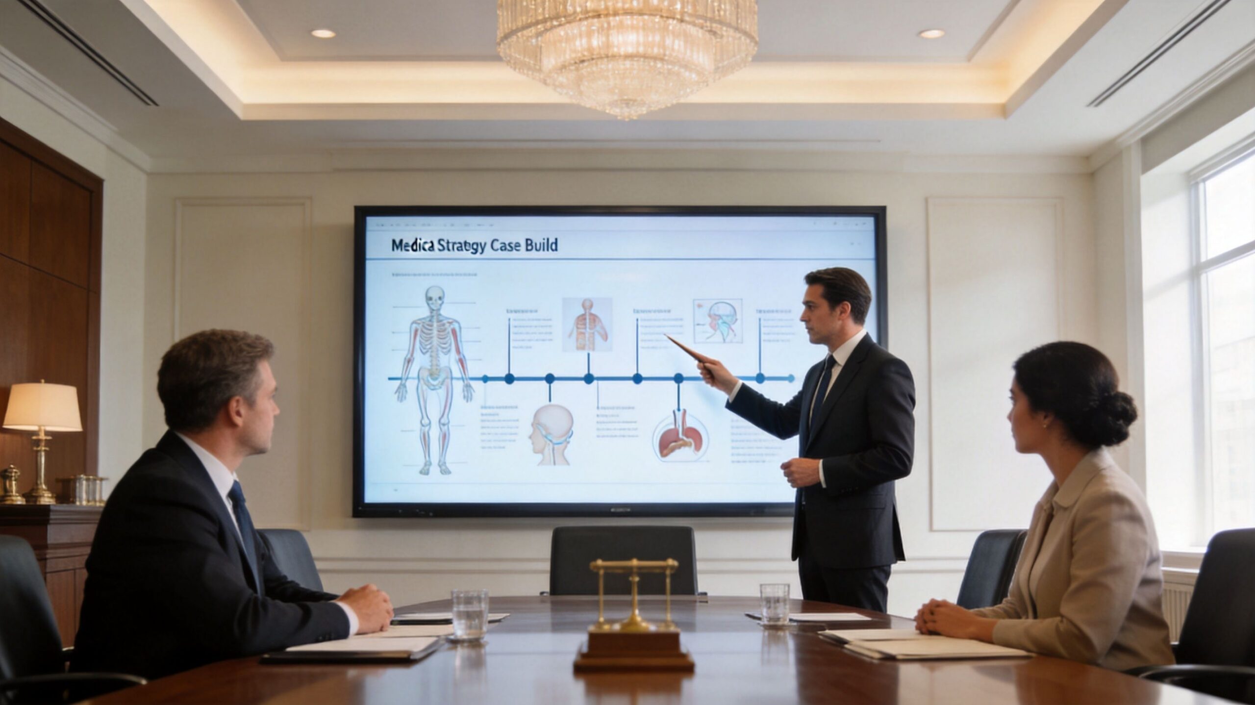 A professional business meeting where a man presents a medical strategy presentation to two colleagues in a boardroom.