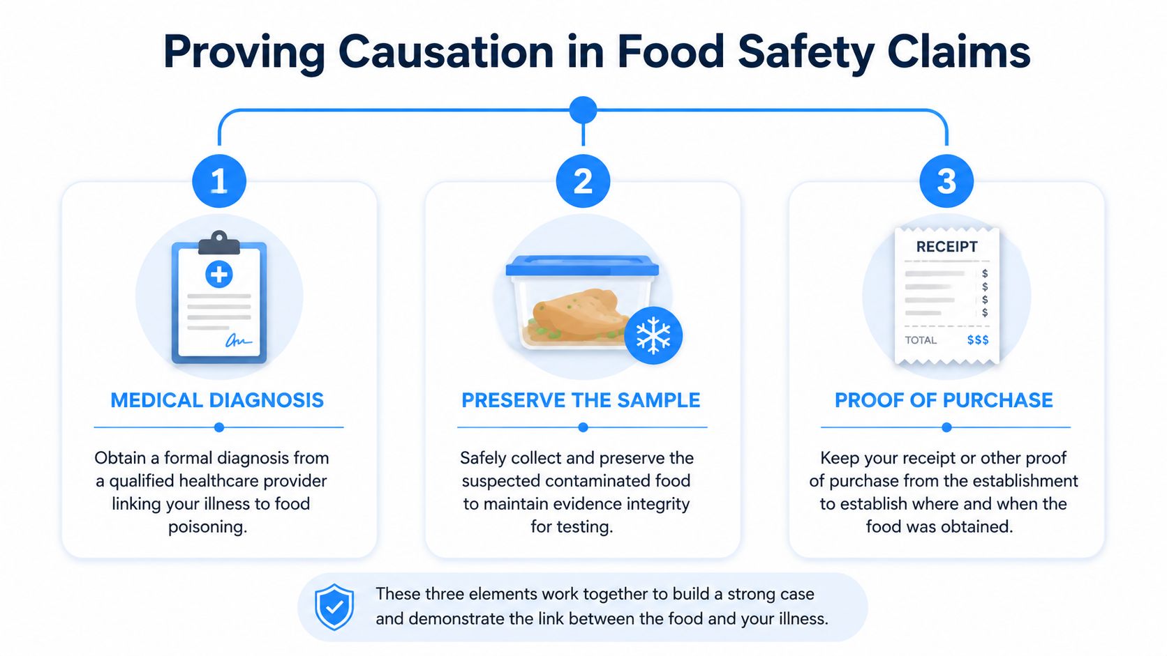 A visual guide outlining three key steps to prove causation for food safety and poisoning legal claims.